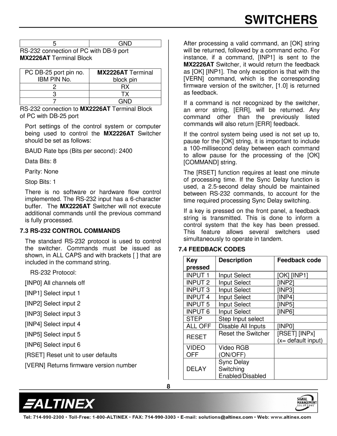 Altinex MX2226AT manual RS-232 Control Commands, Feedback Codes, Key Description Feedback code Pressed 