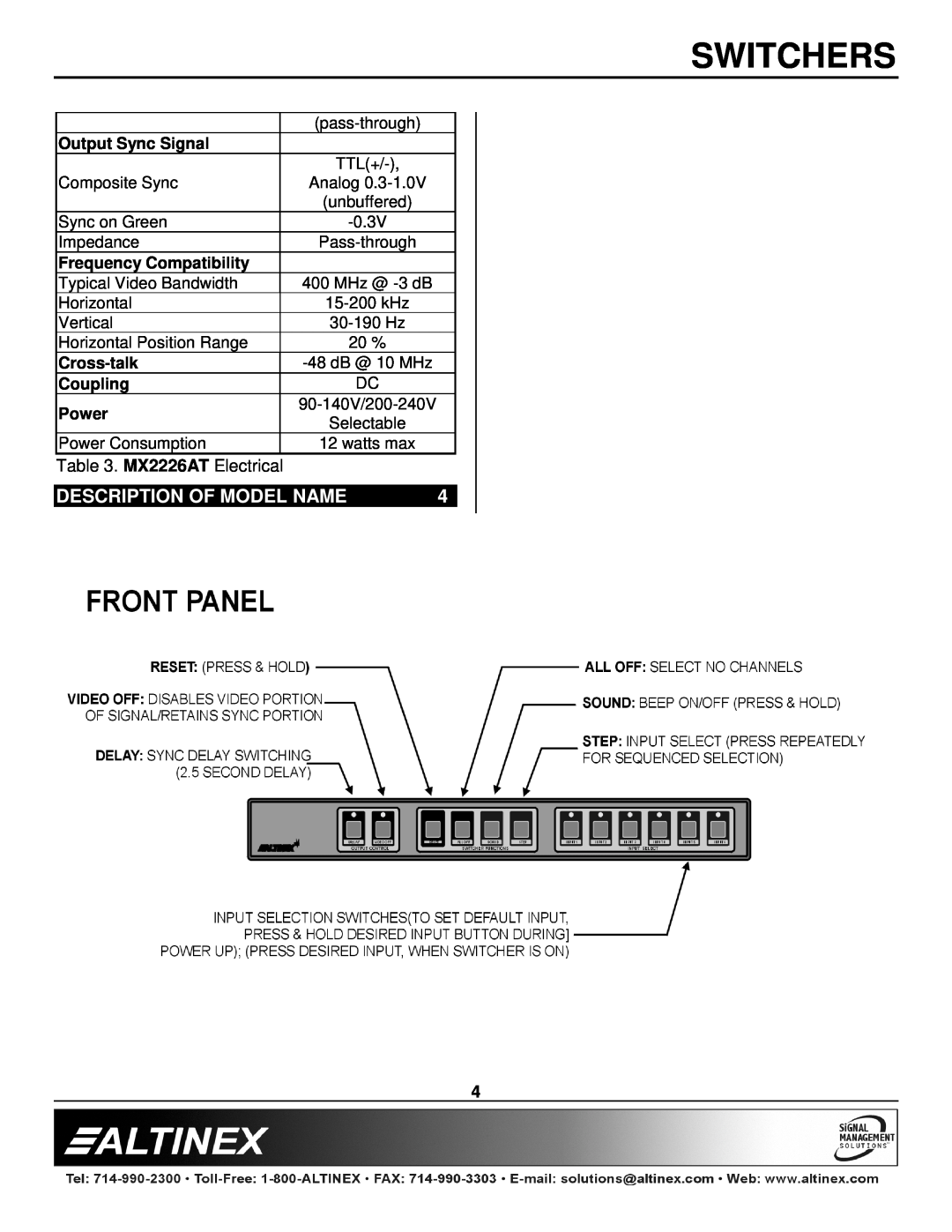 Altinex manual Description Of Model Name, Switchers, MX2226AT Electrical 