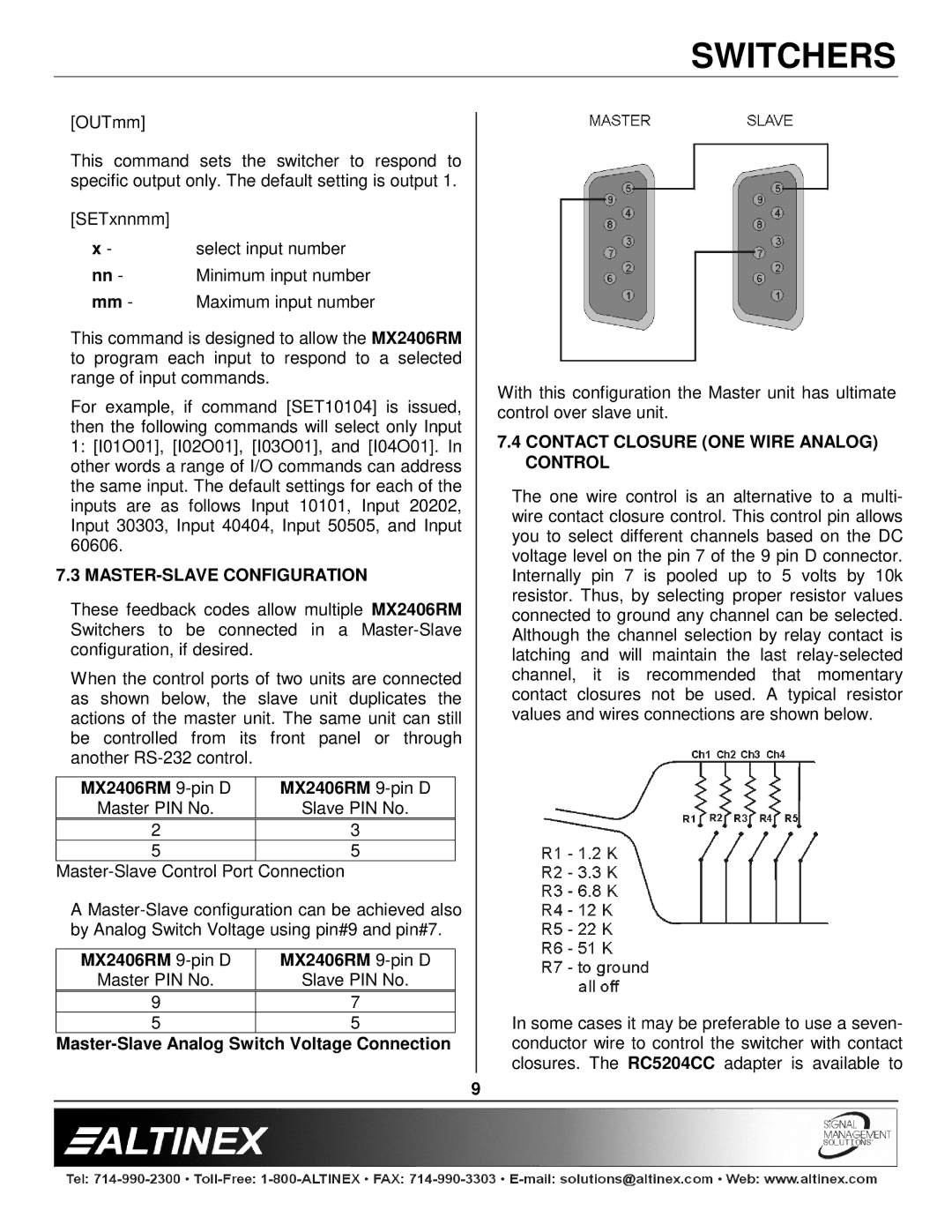 Altinex manual MASTER-SLAVE Configuration, MX2406RM 9-pin D, Master-Slave Analog Switch Voltage Connection 