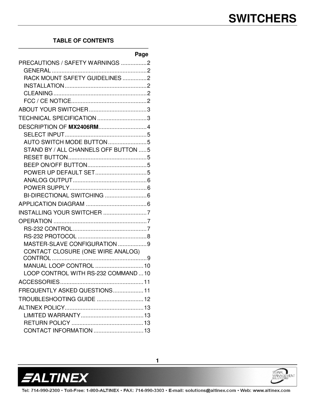 Altinex MX2406RM manual Table of Contents 