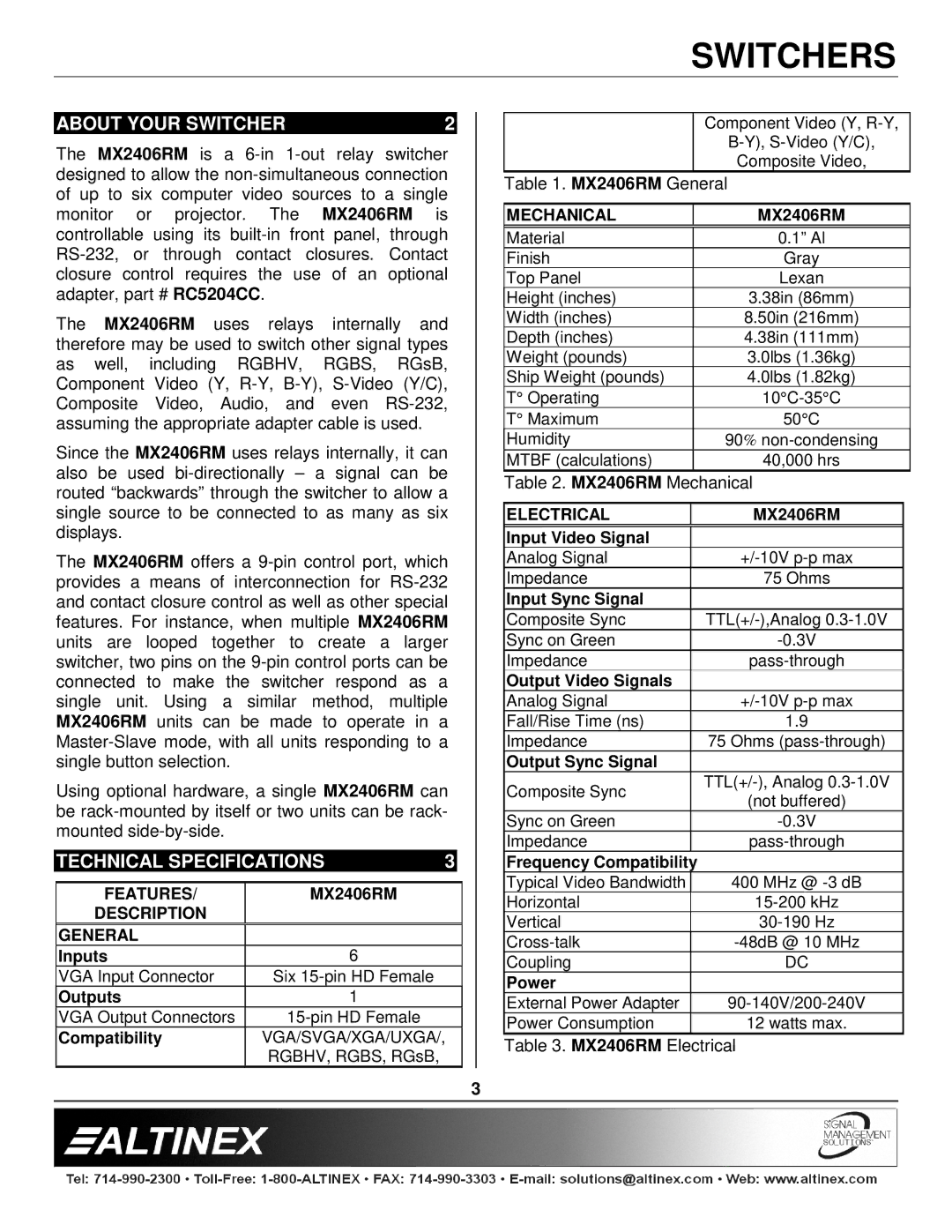 Altinex MX2406RM manual About Your Switcher, Technical Specifications 