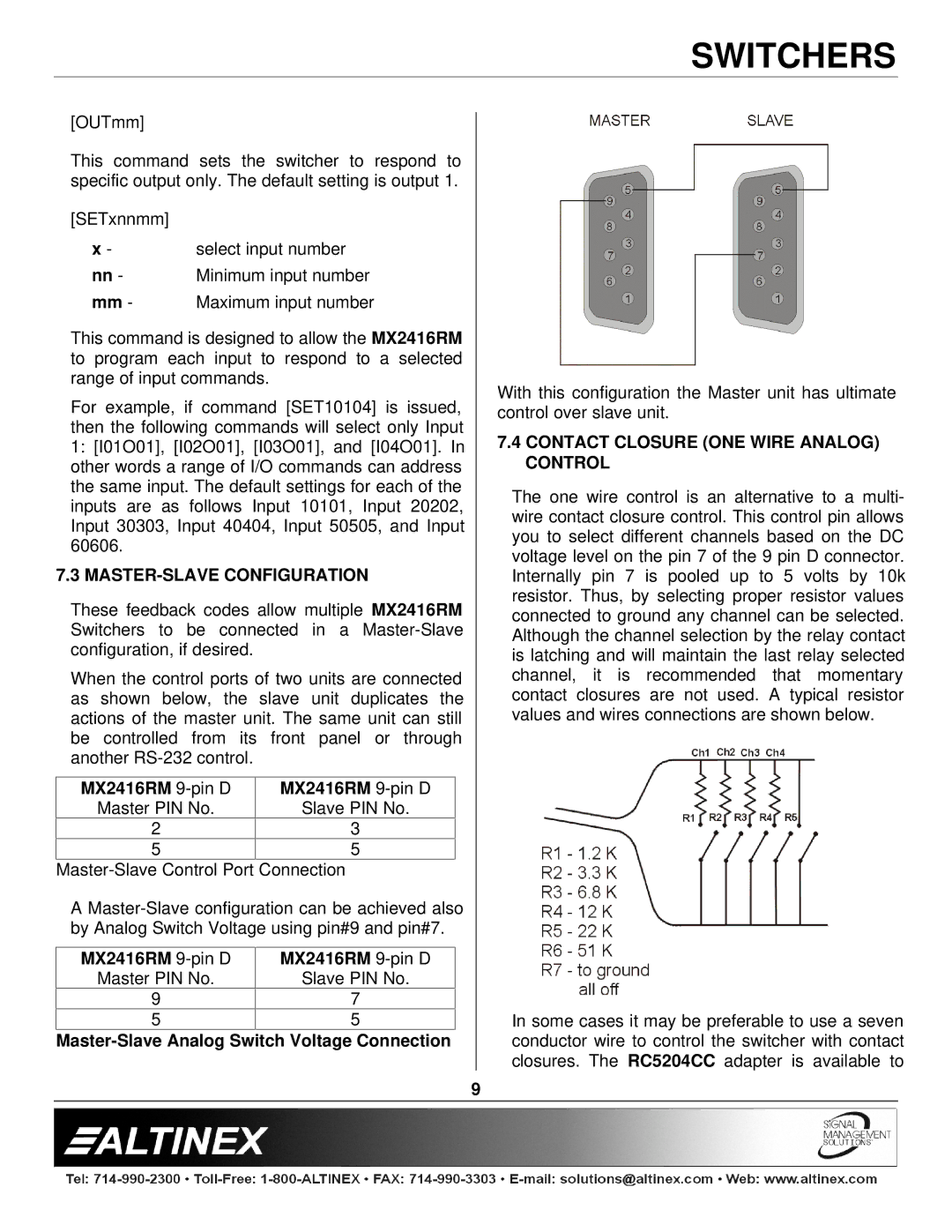 Altinex MX2414RM manual MASTER-SLAVE Configuration, MX2416RM 9-pin D, Master-Slave Analog Switch Voltage Connection 