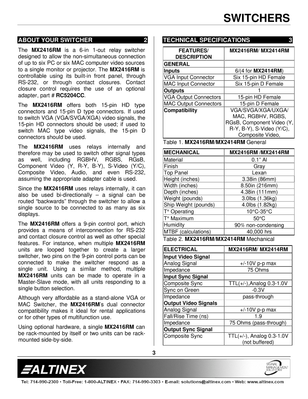 Altinex manual About Your Switcher Technical Specifications, MX2416RM/MX2414RM General 