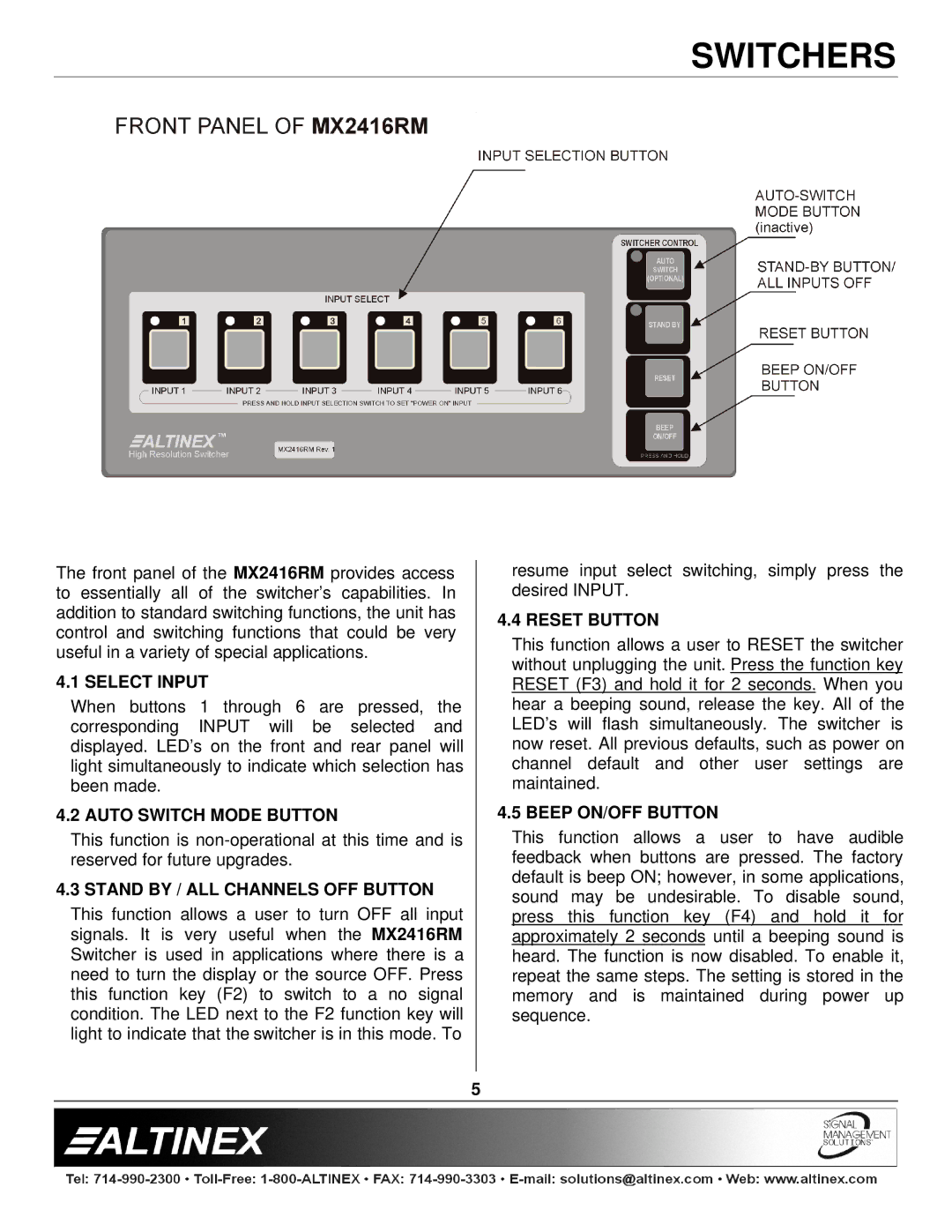 Altinex MX2414RM, MX2416RM manual Select Input, Auto Switch Mode Button, Stand by / ALL Channels OFF Button, Reset Button 