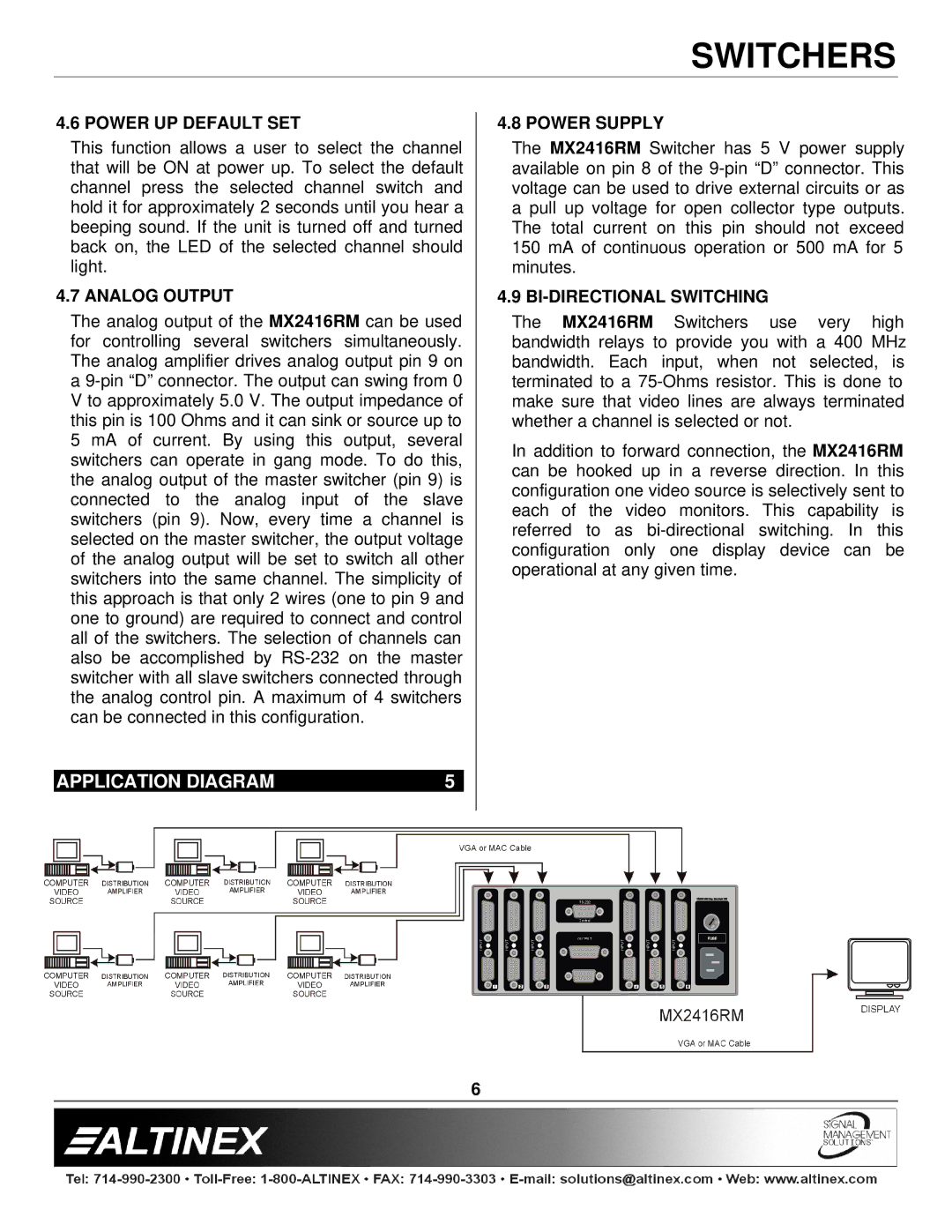 Altinex MX2416RM manual Application Diagram, Power UP Default SET, Analog Output, Power Supply, BI-DIRECTIONAL Switching 