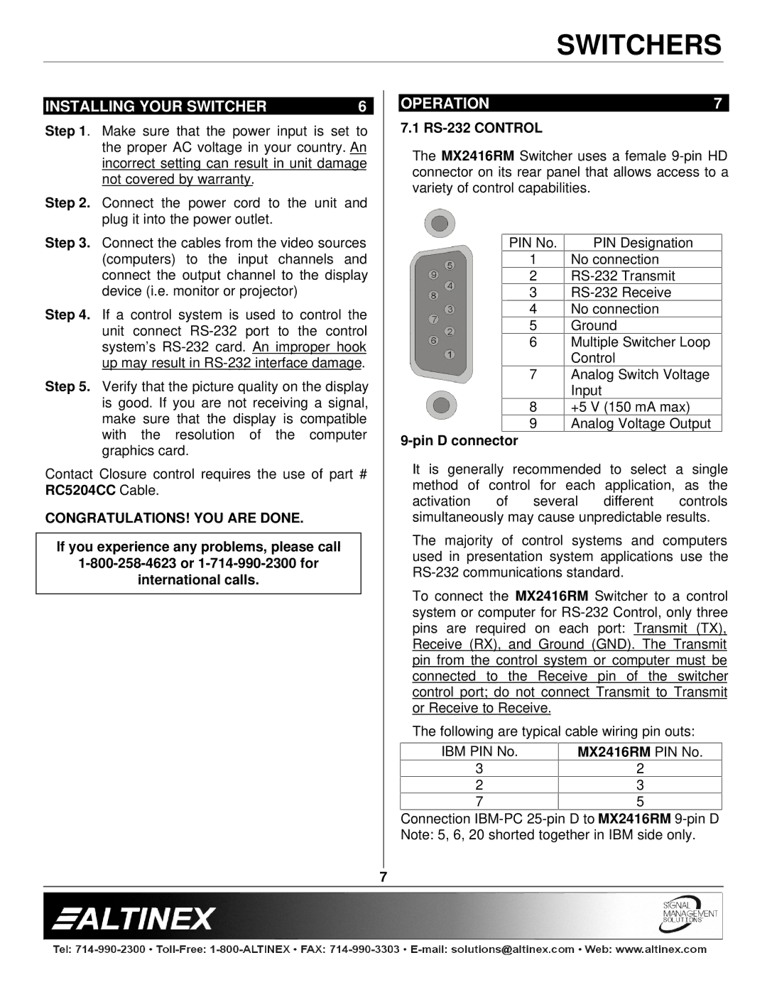 Altinex MX2414RM, MX2416RM manual Installing Your Switcher, Operation, CONGRATULATIONS! YOU are Done 
