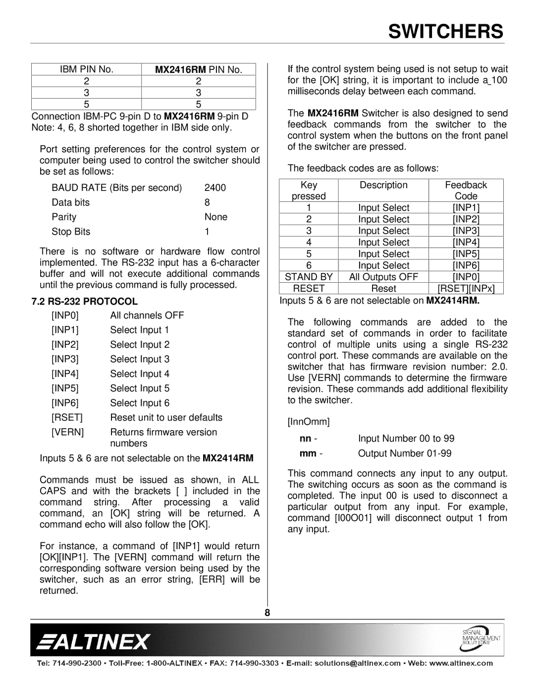 Altinex MX2416RM, MX2414RM manual RS-232 Protocol, Vern 