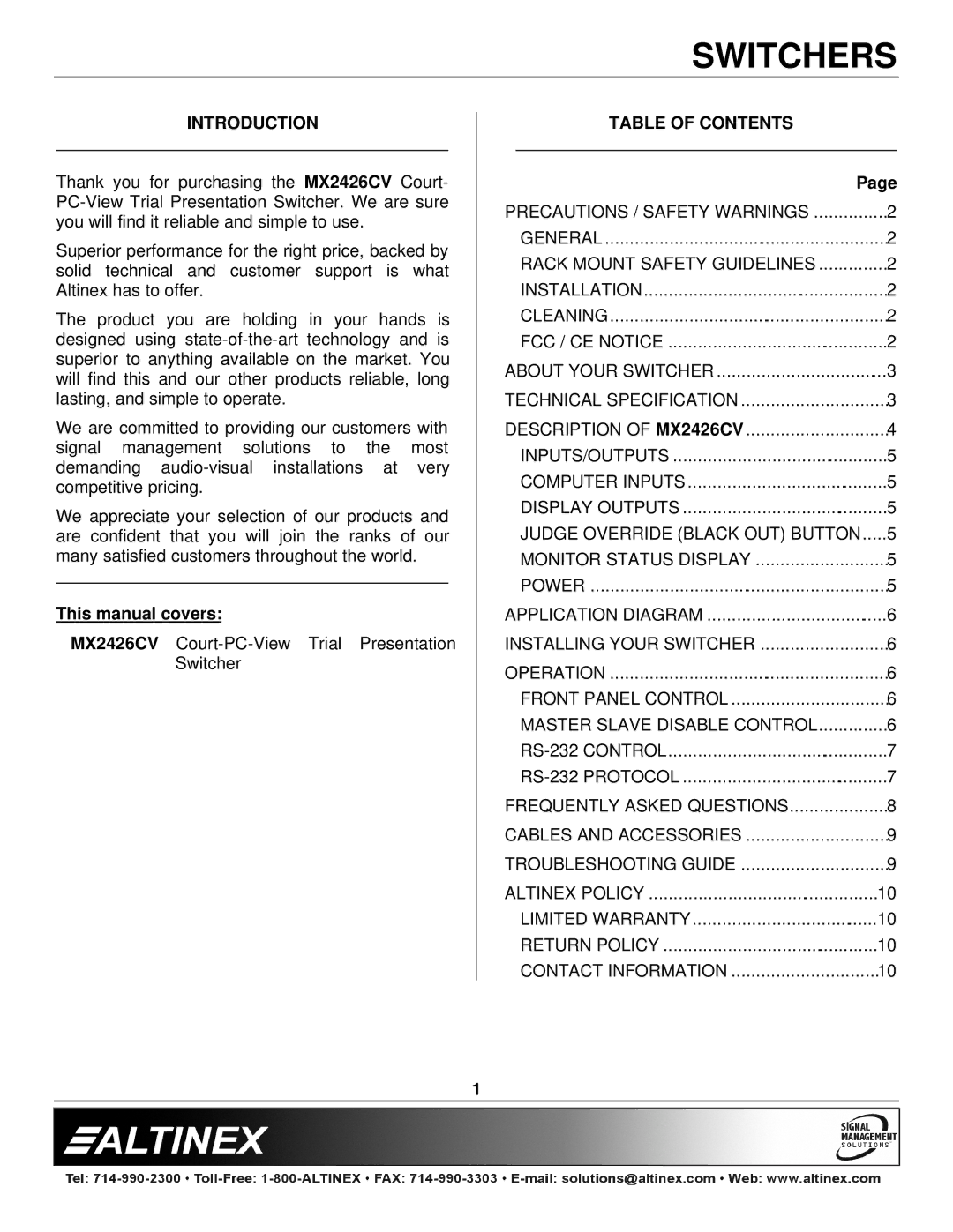 Altinex MX2426CV manual Introduction, Table of Contents 