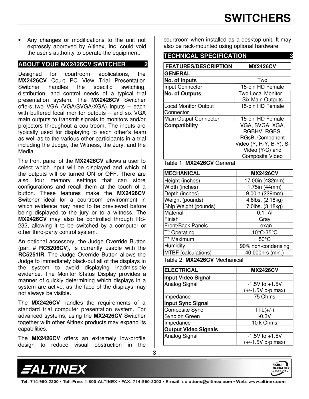 Altinex manual About Your MX2426CV Switcher, Technical Specification 