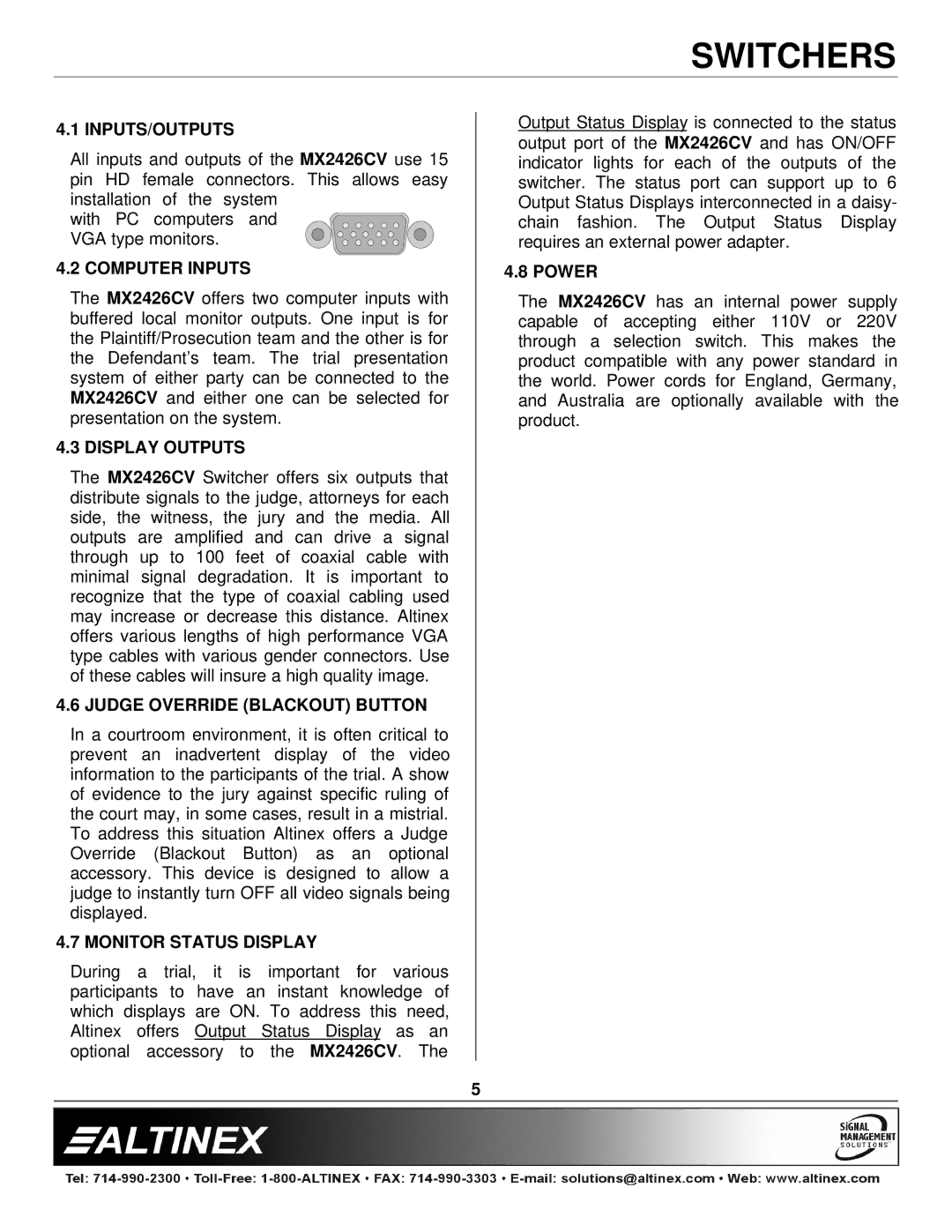 Altinex MX2426CV Inputs/Outputs, Computer Inputs, Display Outputs, Judge Override Blackout Button, Monitor Status Display 