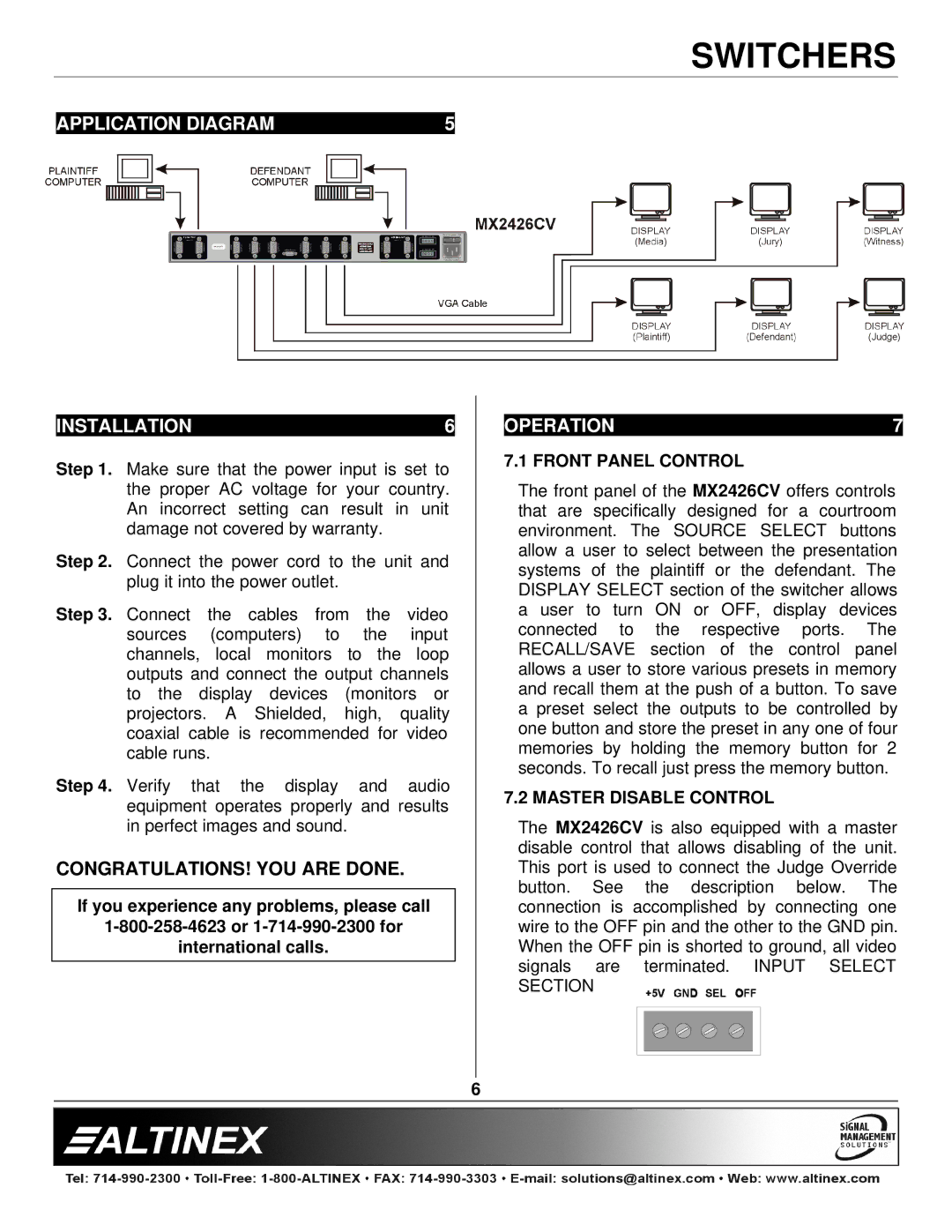 Altinex MX2426CV manual Application Diagram Installation, Operation, Front Panel Control, Master Disable Control 