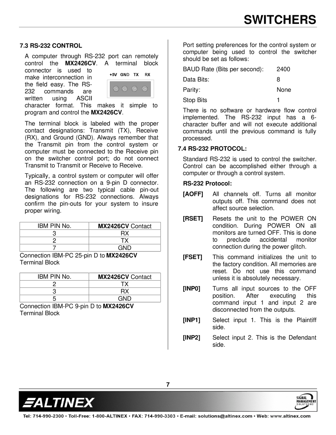 Altinex manual RS-232 Control, MX2426CV Contact, RS-232 Protocol 