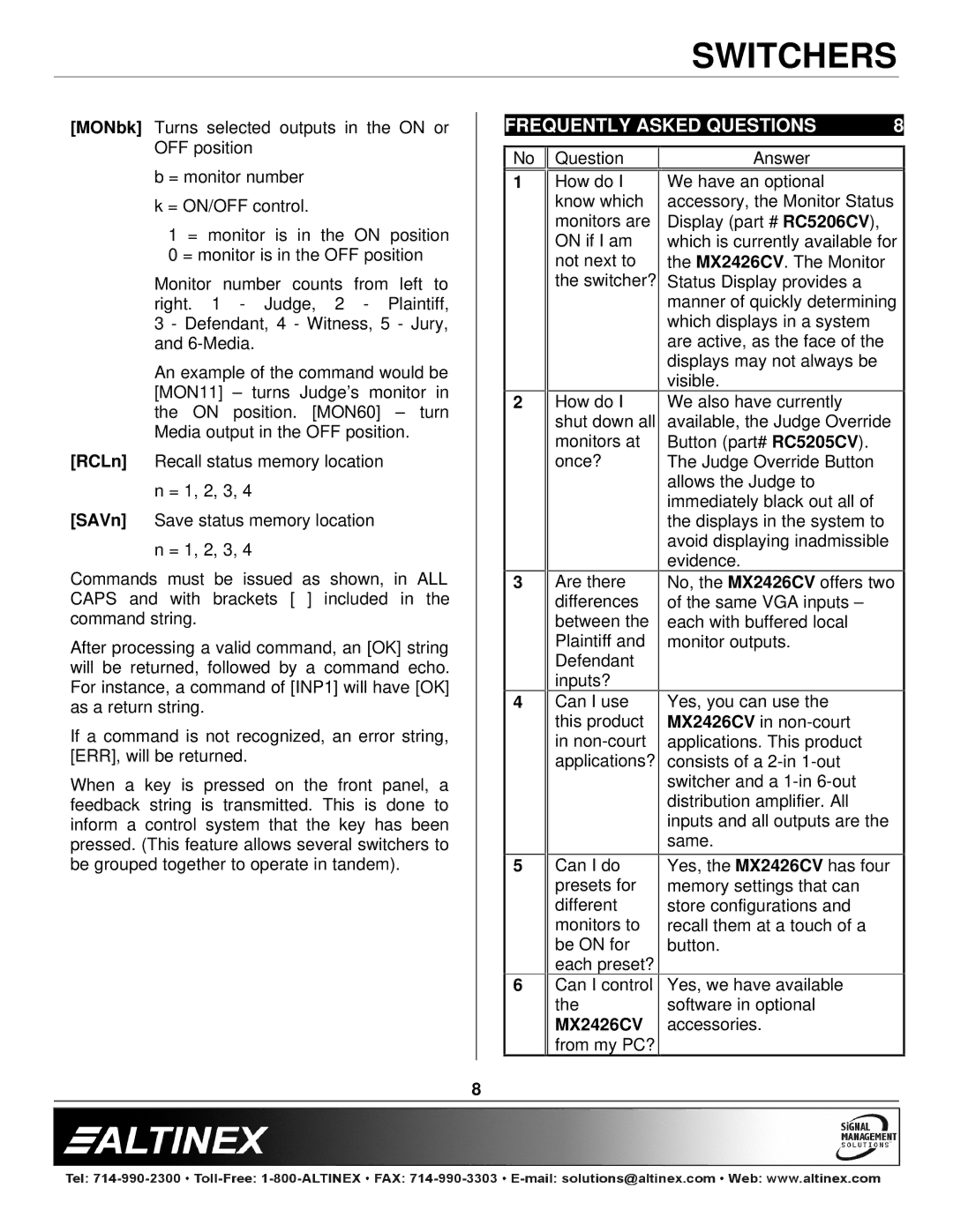 Altinex MX2426CV manual Frequently Asked Questions 