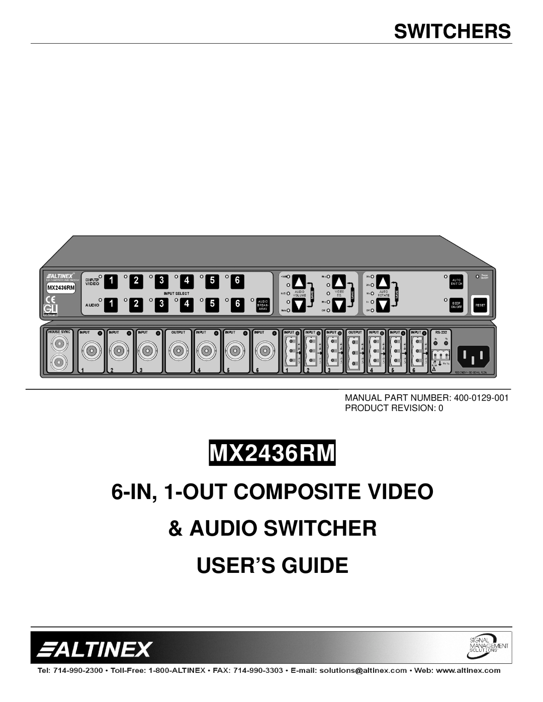 Altinex MX2436RM manual Switchers, 6-IN, 1-OUT COMPOSITE VIDEO AUDIO SWITCHER USER’S GUIDE 