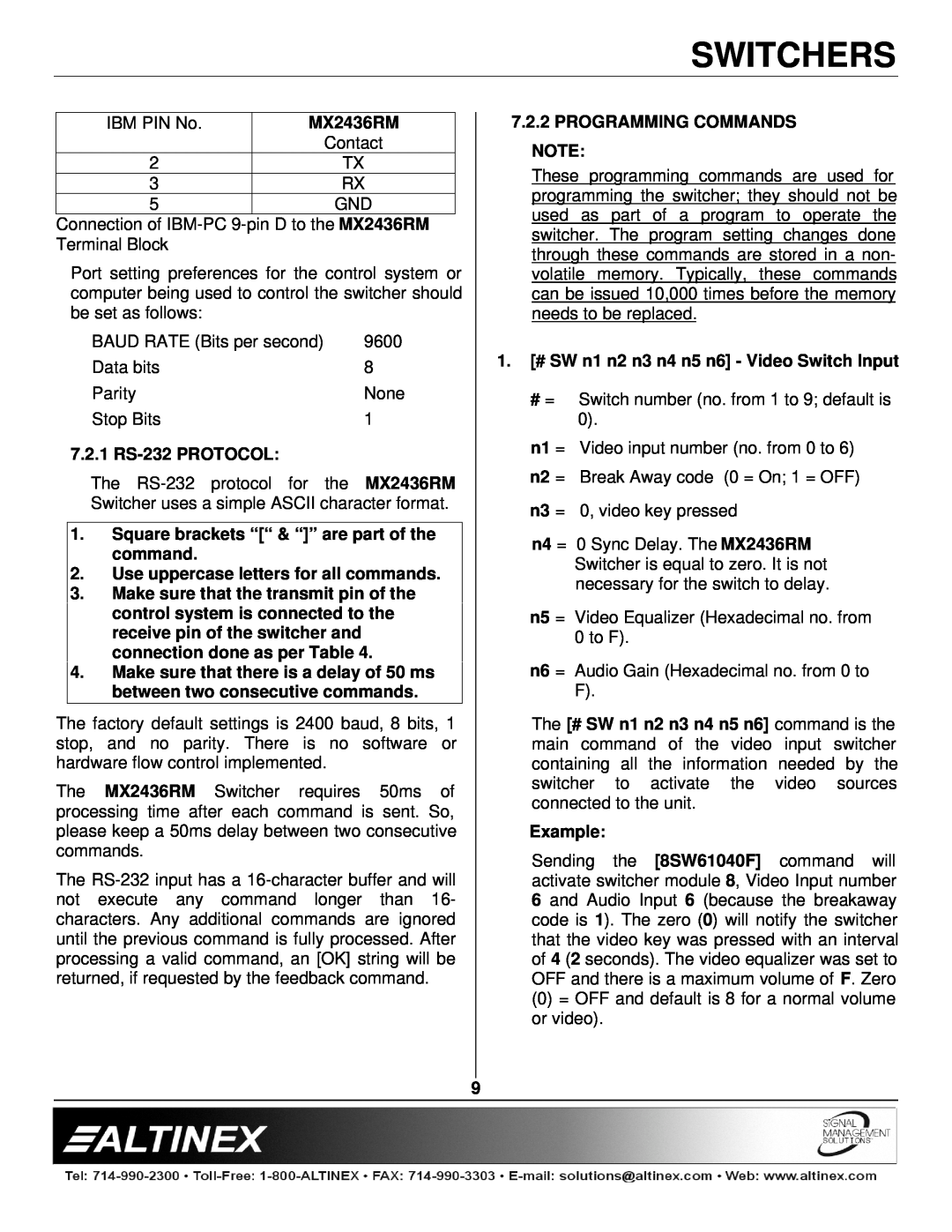 Altinex MX2436RM 7.2.1 RS-232 PROTOCOL, Square brackets ““ & “” are part of the command, Programming Commands, Example 