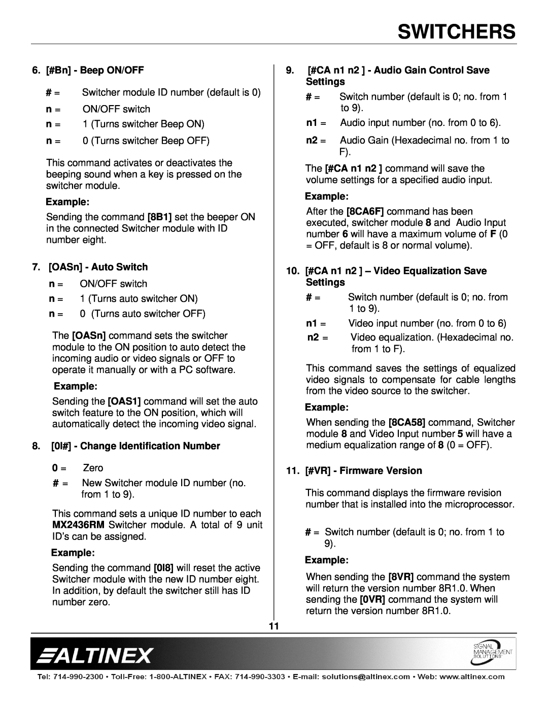 Altinex MX2436RM manual 6. #Bn - Beep ON/OFF, 8. 0I# - Change Identification Number, 11. #VR - Firmware Version, Switchers 