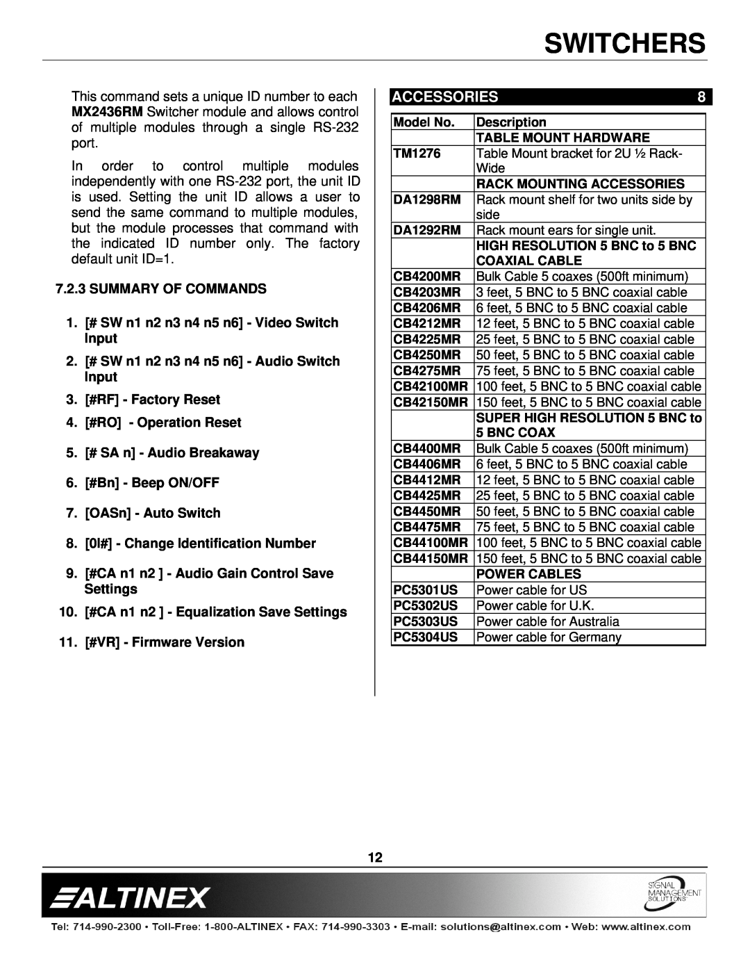 Altinex MX2436RM Accessories, Summary Of Commands, 2. # SW n1 n2 n3 n4 n5 n6 - Audio Switch Input 3. #RF - Factory Reset 