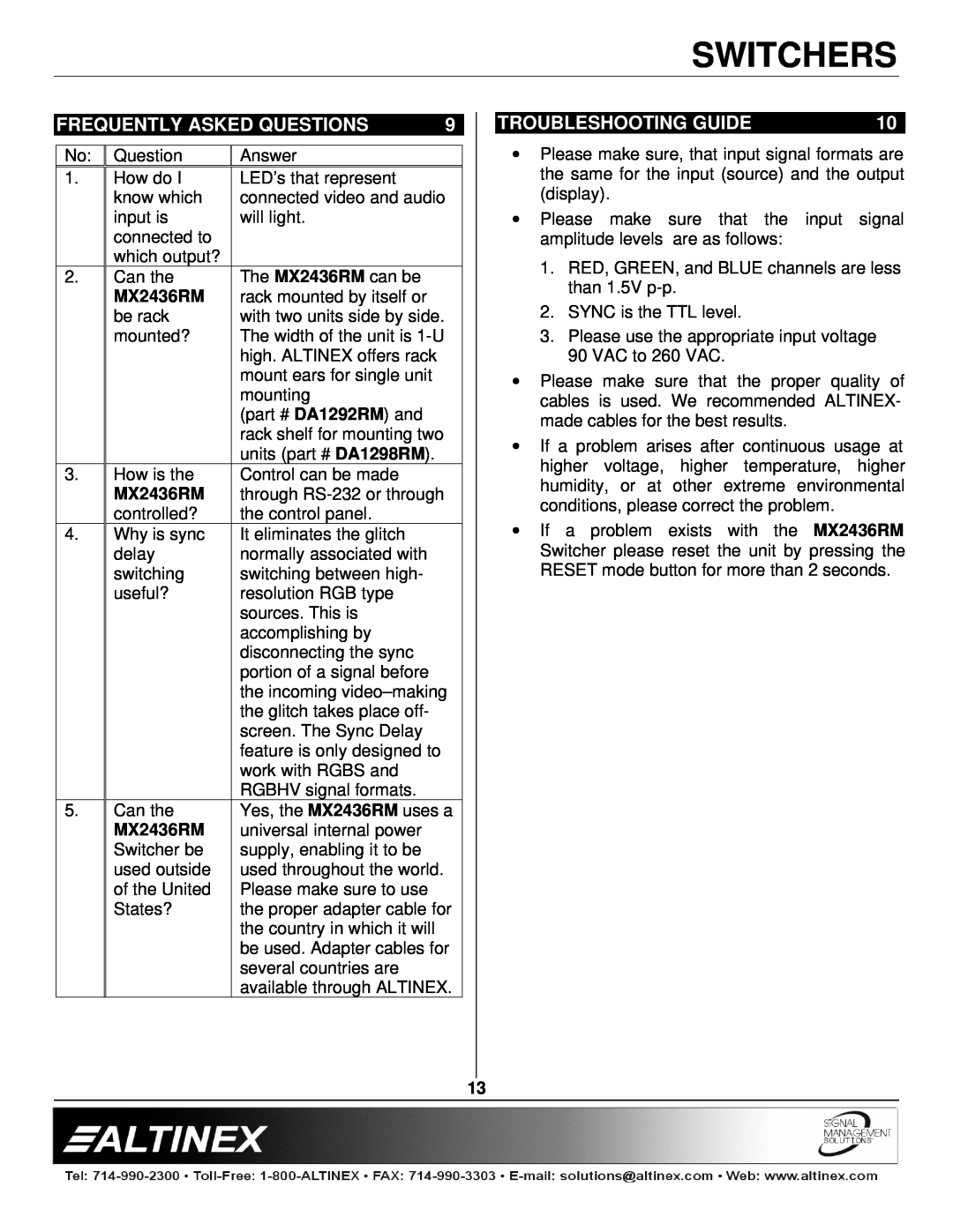 Altinex MX2436RM manual Frequently Asked Questions, Troubleshooting Guide, Switchers 