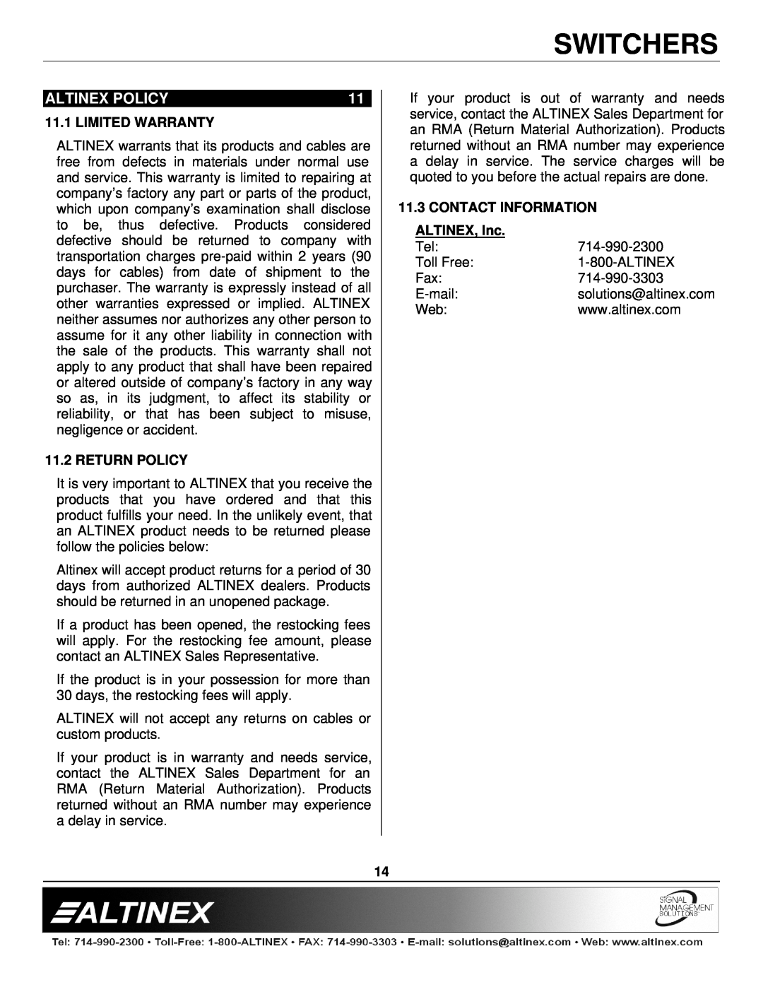 Altinex MX2436RM manual Altinex Policy, Limited Warranty, Return Policy, Contact Information, ALTINEX, Inc, Switchers 