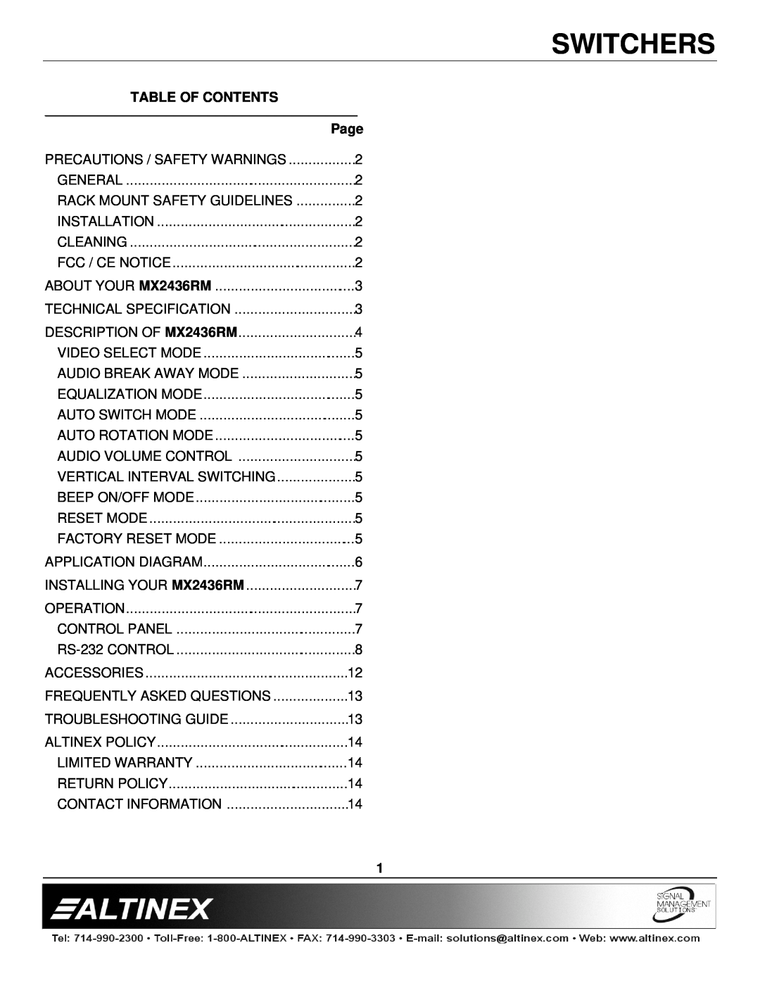 Altinex MX2436RM manual Table Of Contents, Switchers, Page 