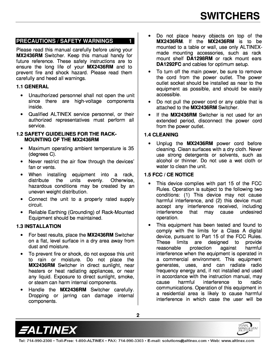 Altinex Precautions / Safety Warnings, General, SAFETY GUIDELINES FOR THE RACK- MOUNTING OF THE MX2436RM, Installation 