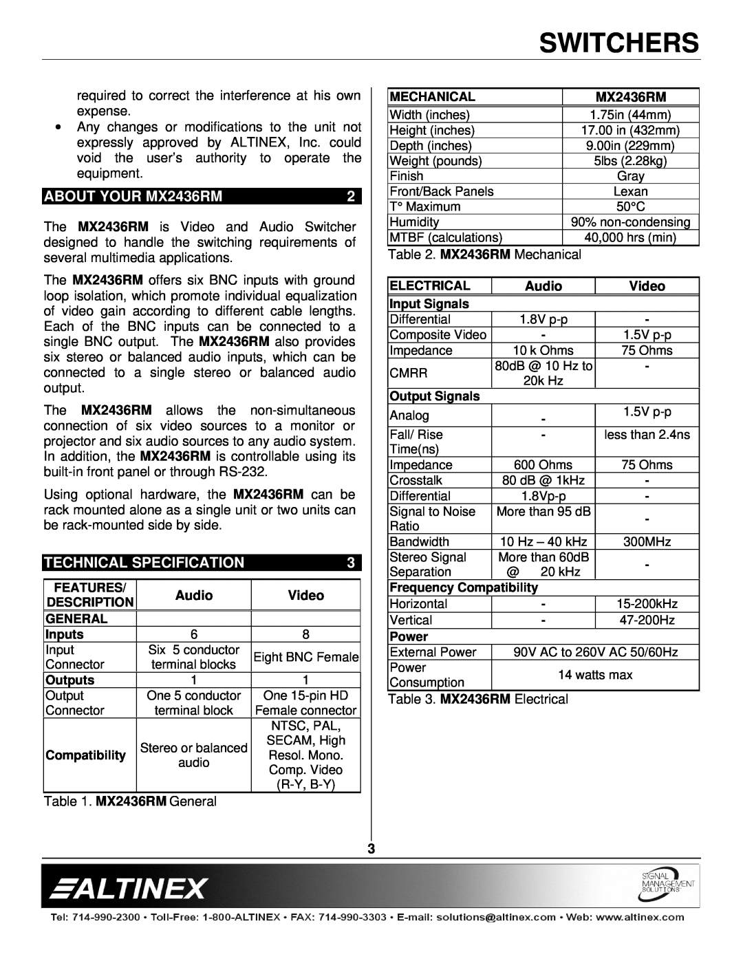 Altinex manual ABOUT YOUR MX2436RM, Technical Specification, Audio, Video, Switchers 