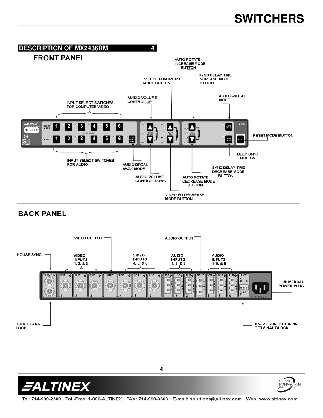 Altinex manual DESCRIPTION OF MX2436RM, Switchers 