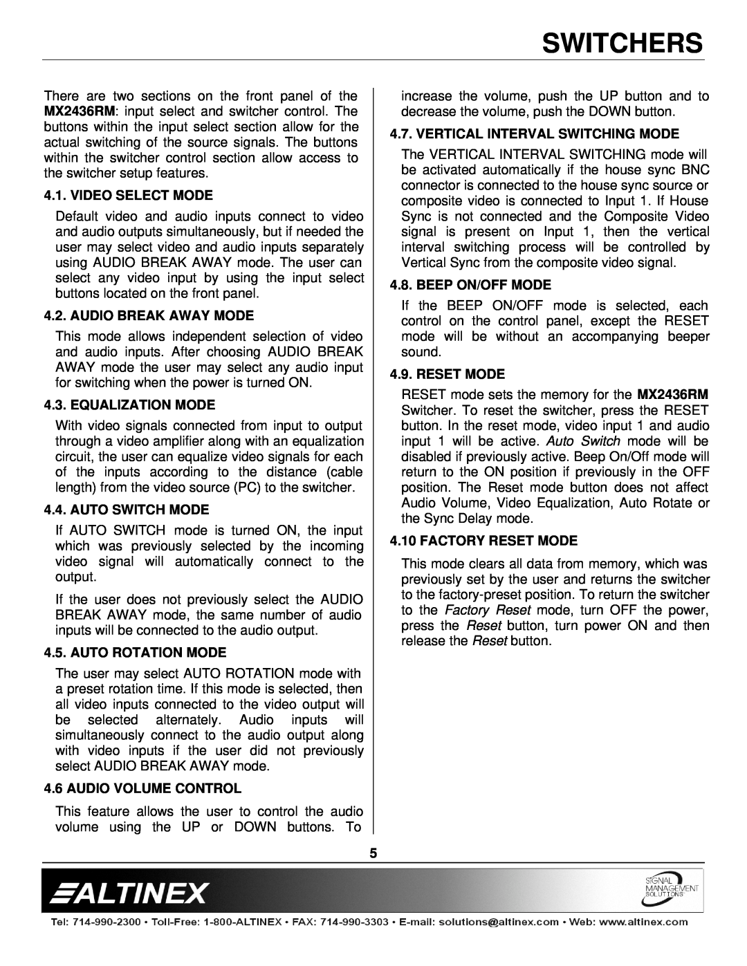 Altinex MX2436RM manual Video Select Mode, Audio Break Away Mode, Equalization Mode, Auto Switch Mode, Auto Rotation Mode 