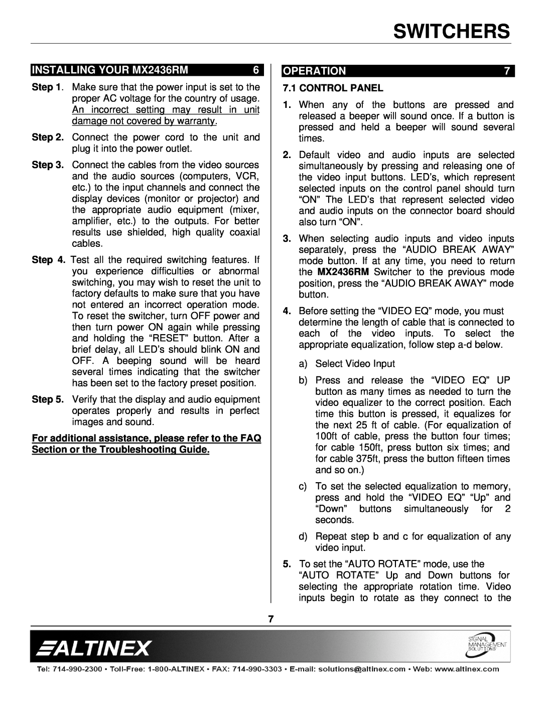 Altinex manual INSTALLING YOUR MX2436RM, Operation, Control Panel, Switchers 