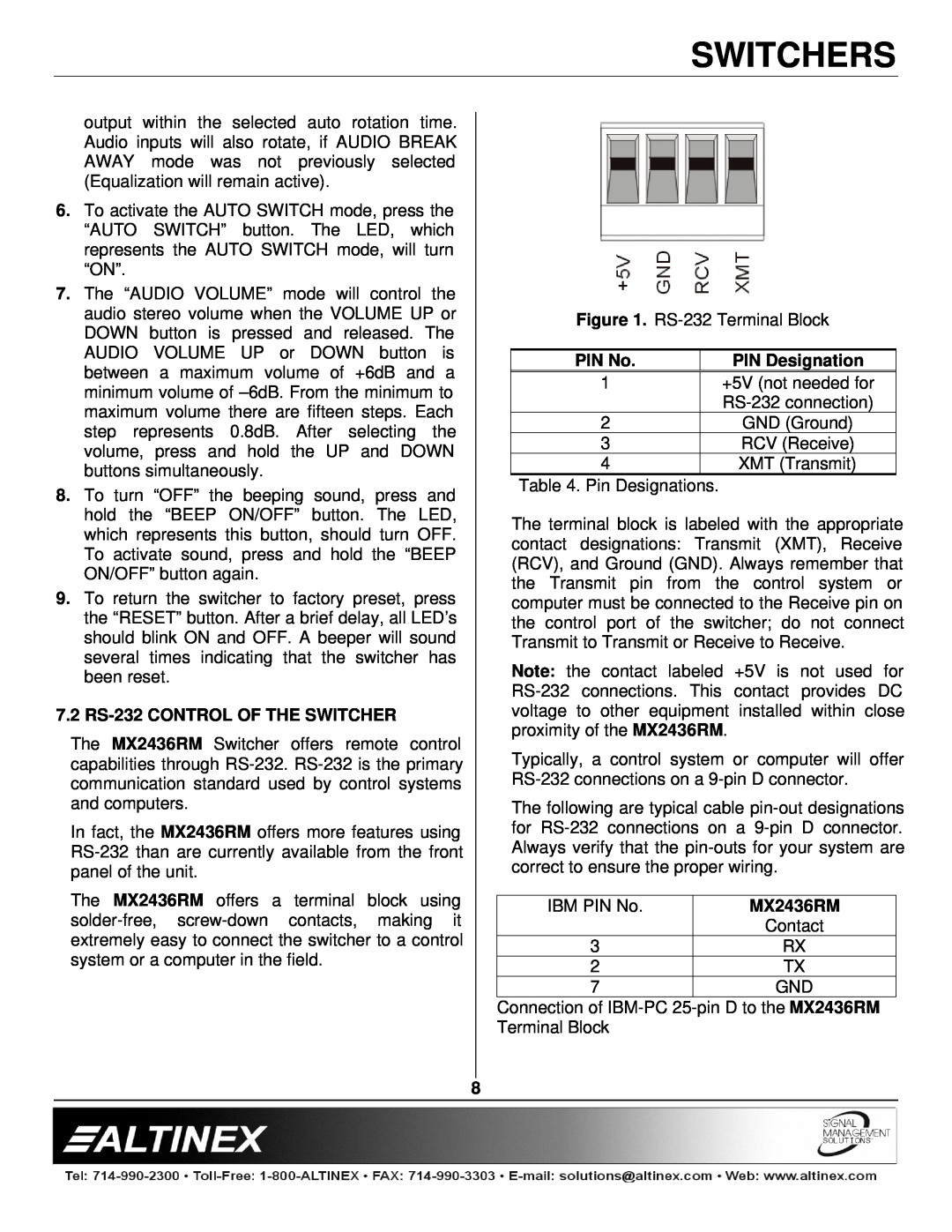 Altinex MX2436RM manual 7.2 RS-232 CONTROL OF THE SWITCHER, PIN No, PIN Designation, Switchers 