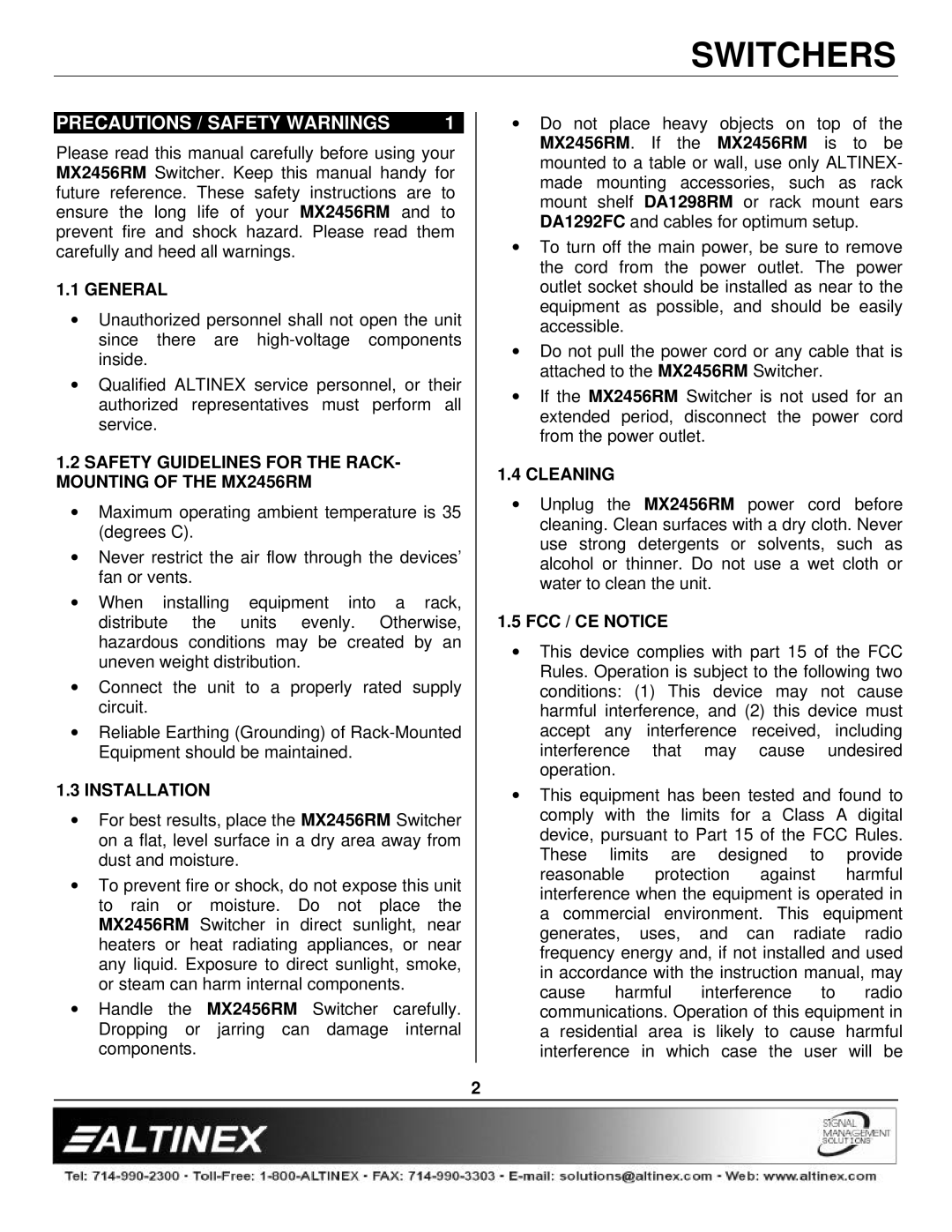 Altinex MX2456RM manual Precautions / Safety Warnings 