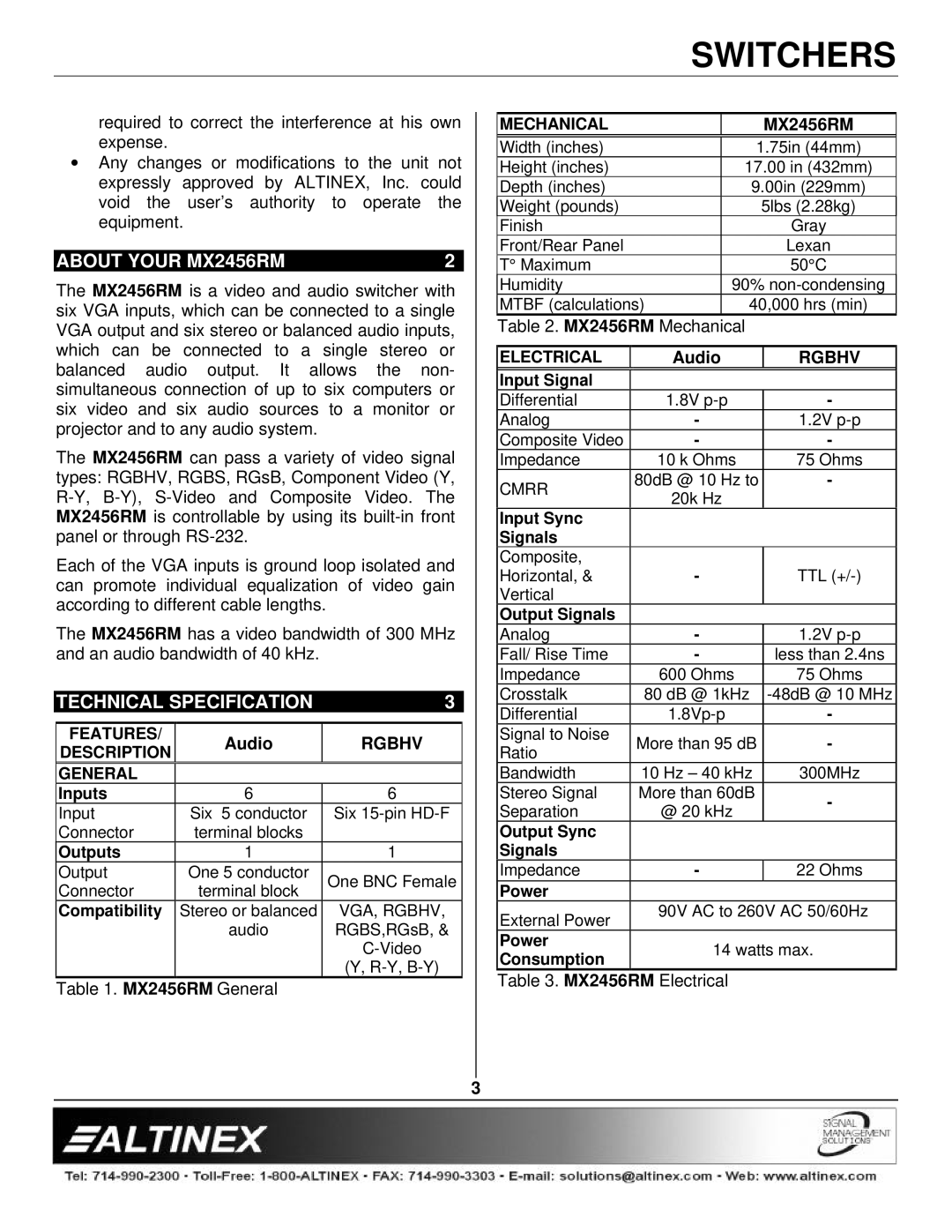 Altinex manual About Your MX2456RM, Technical Specification, Audio, Rgbhv 