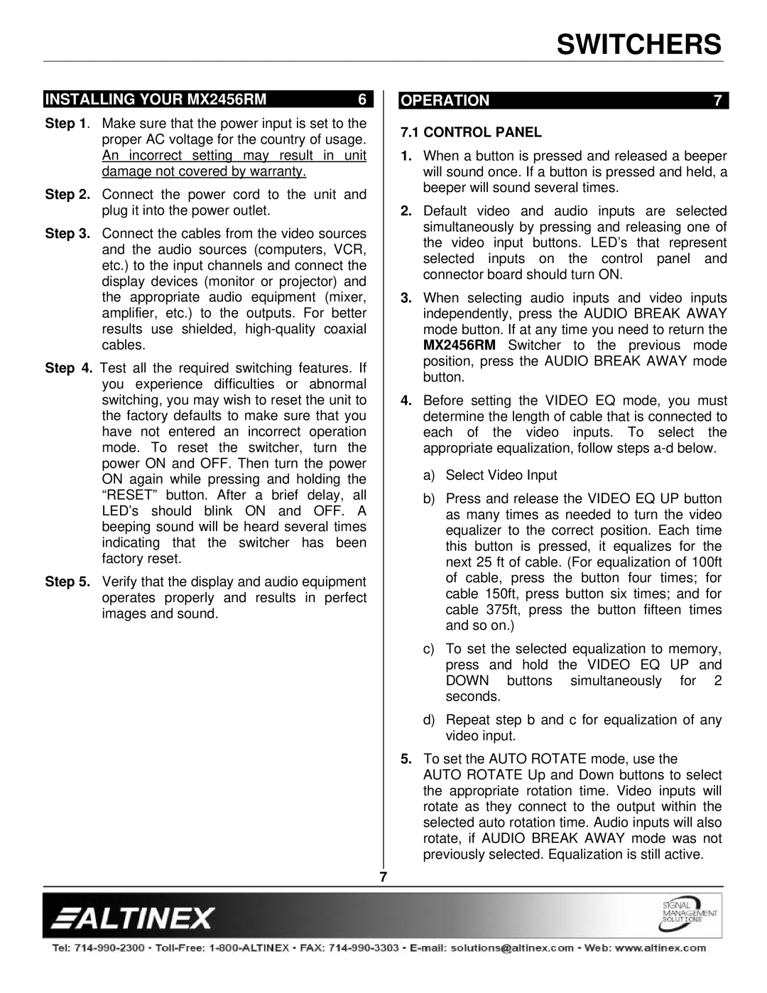 Altinex manual Installing Your MX2456RM, Operation, Control Panel 