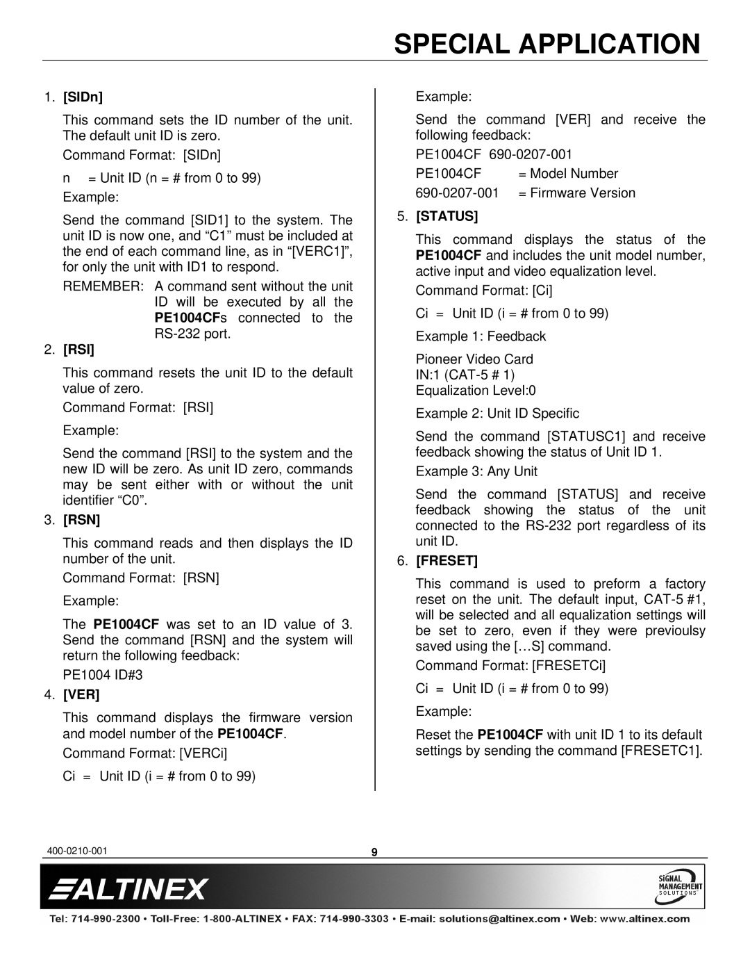 Altinex PE1004CF manual Status, Freset 