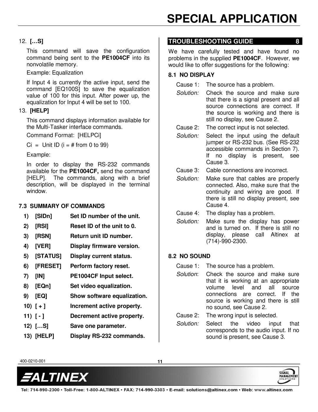 Altinex PE1004CF manual Troubleshooting Guide 