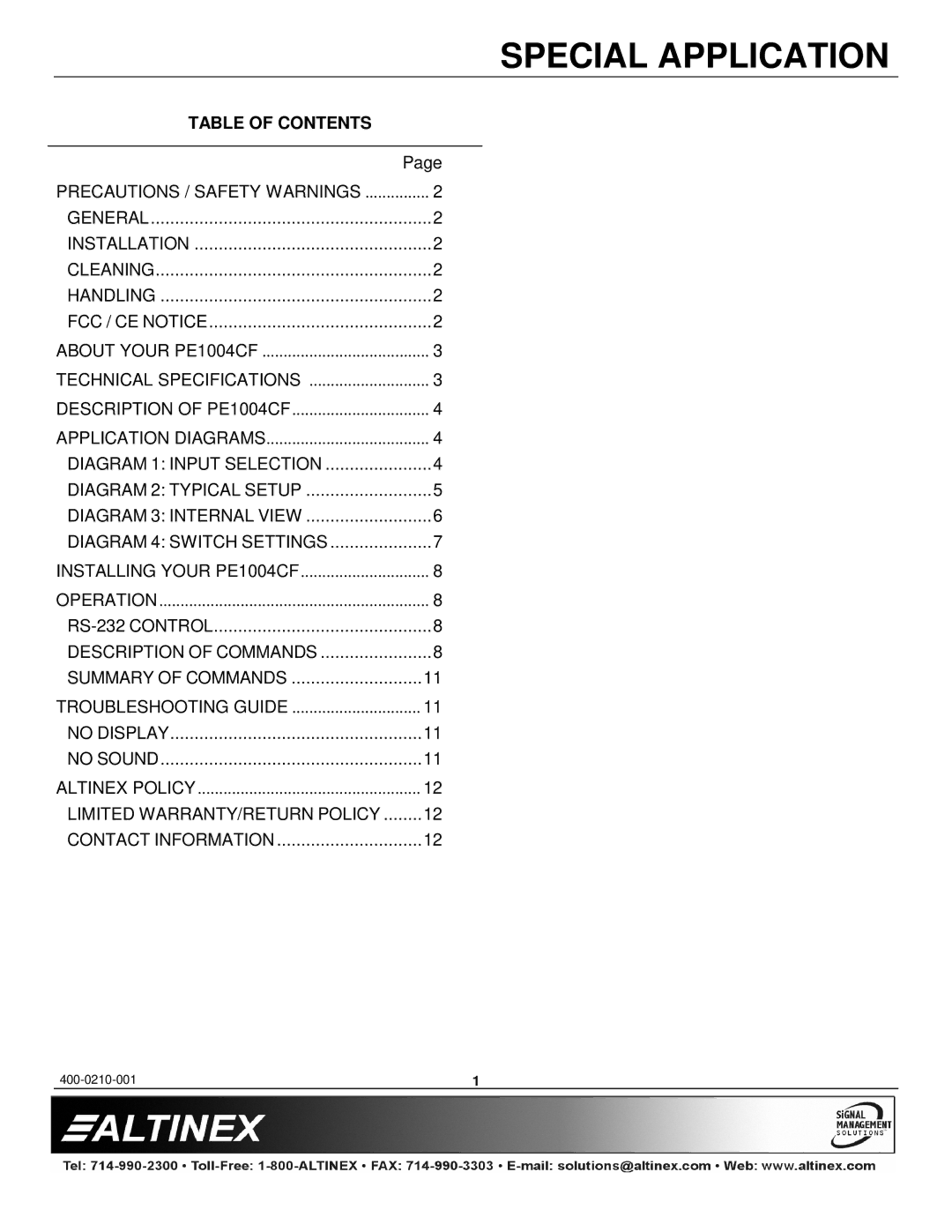 Altinex PE1004CF manual Table of Contents 