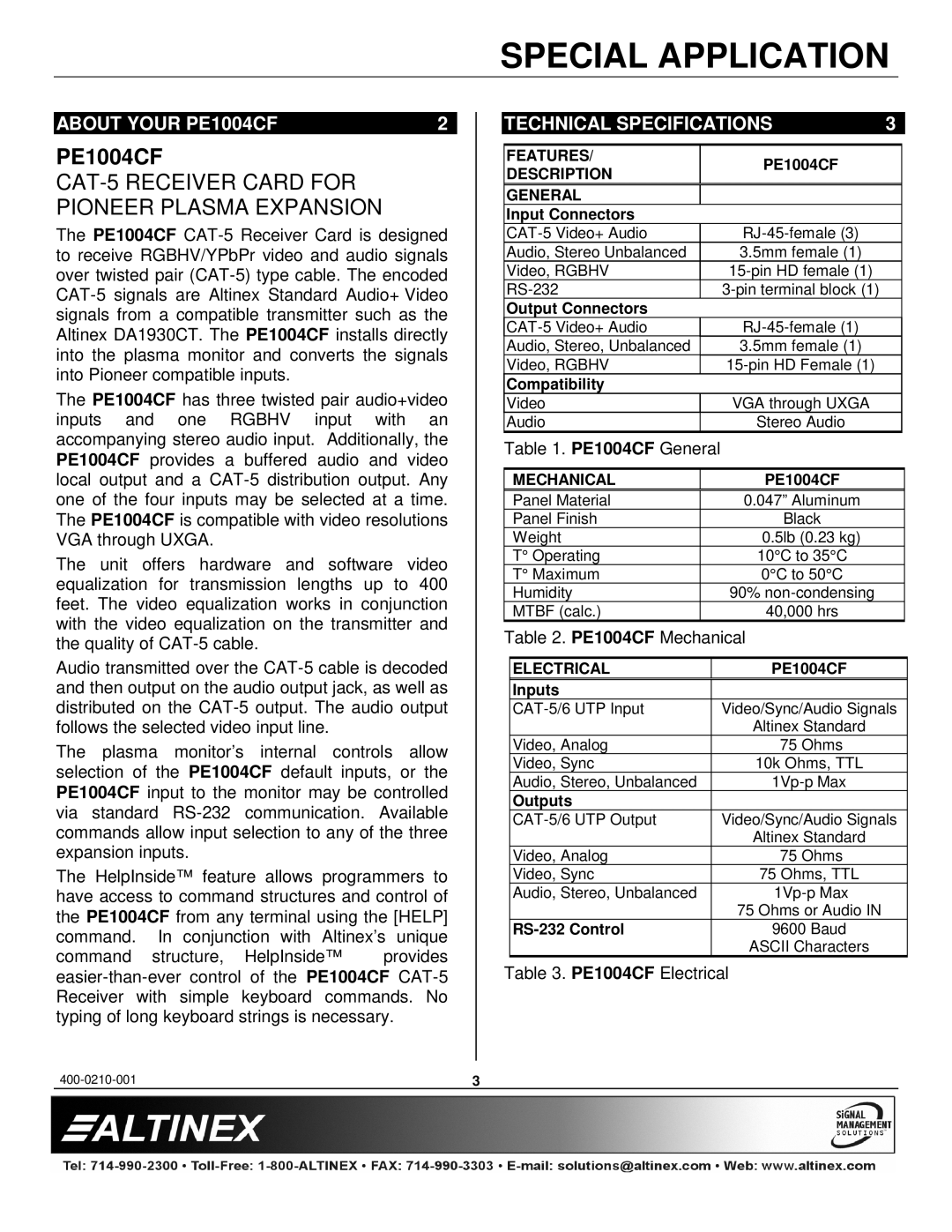 Altinex manual About Your PE1004CF, Technical Specifications 