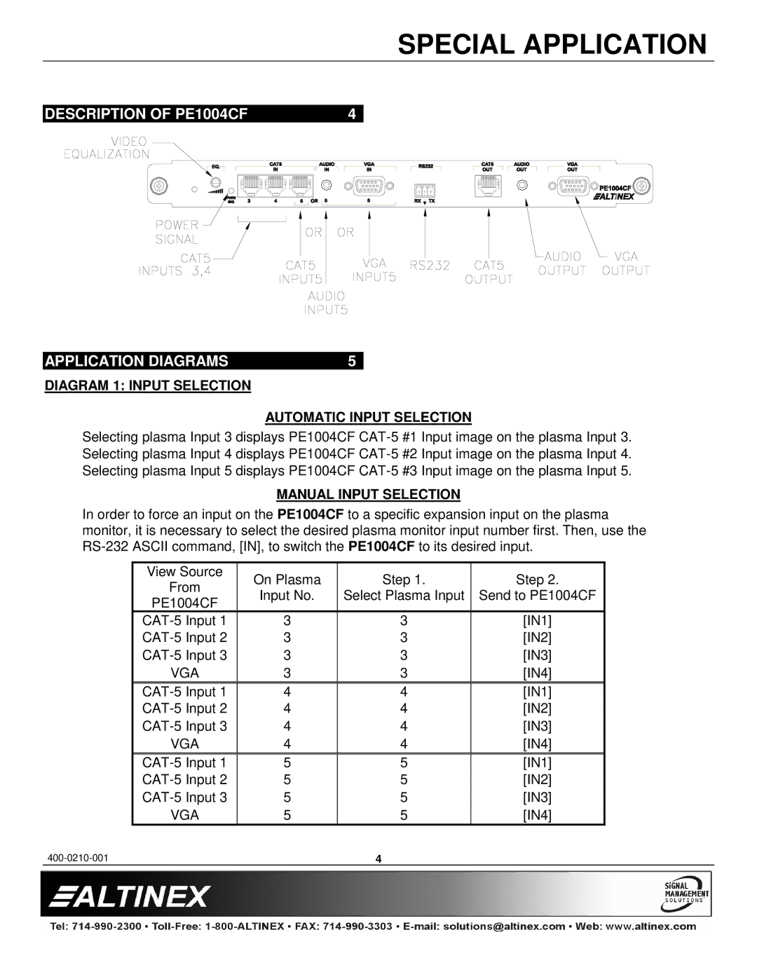 Altinex manual Description of PE1004CF Application Diagrams, Diagram 1 Input Selection Automatic Input Selection 