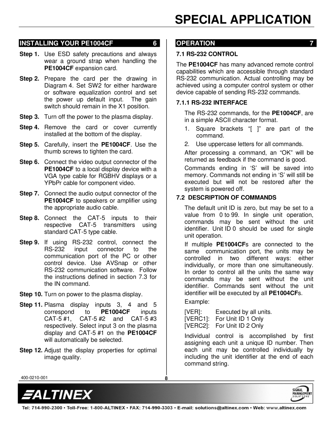 Altinex manual Installing Your PE1004CF, Operation, RS-232 Control, 1 RS-232 Interface, Description of Commands 