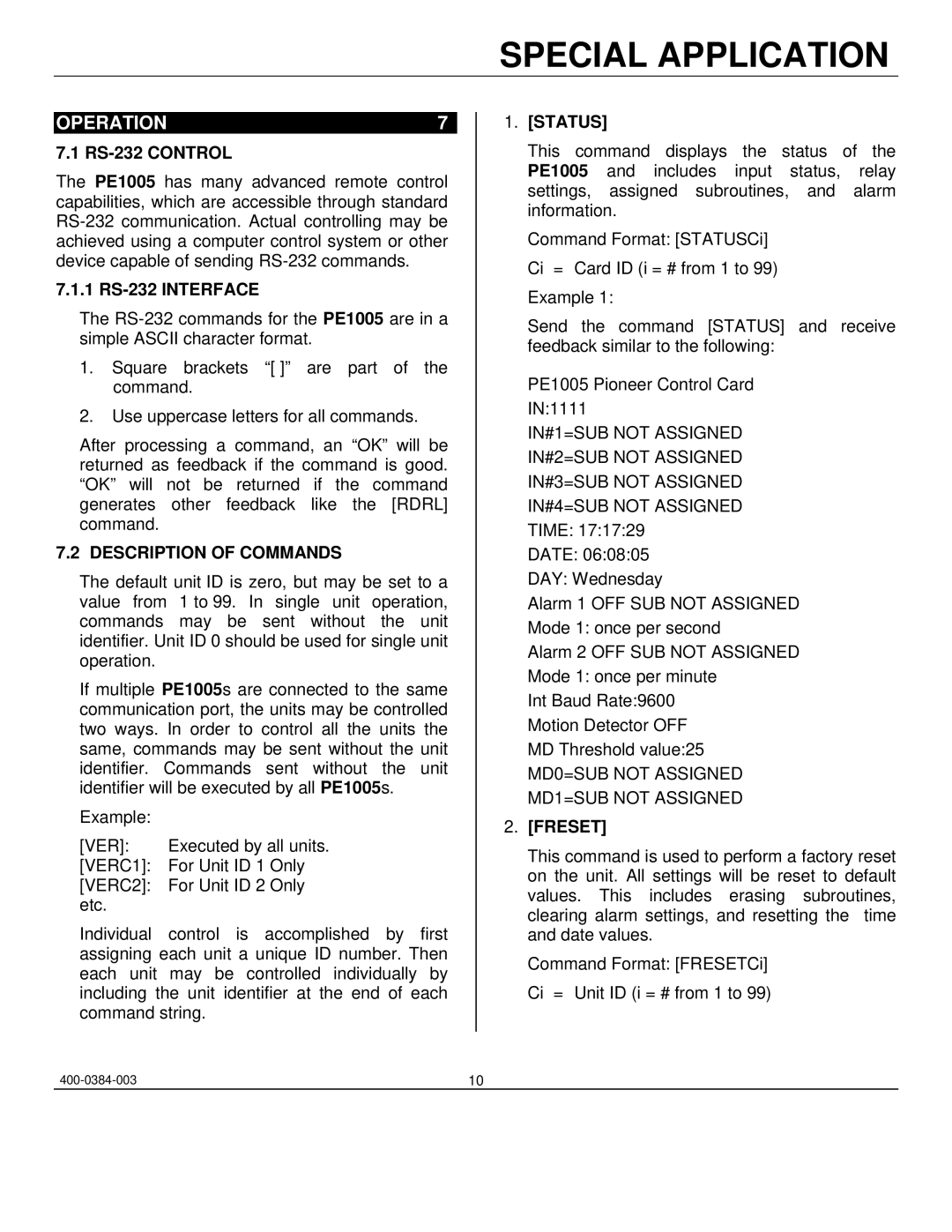 Altinex PE1005 manual Operation, Description of Commands, Status, Freset 