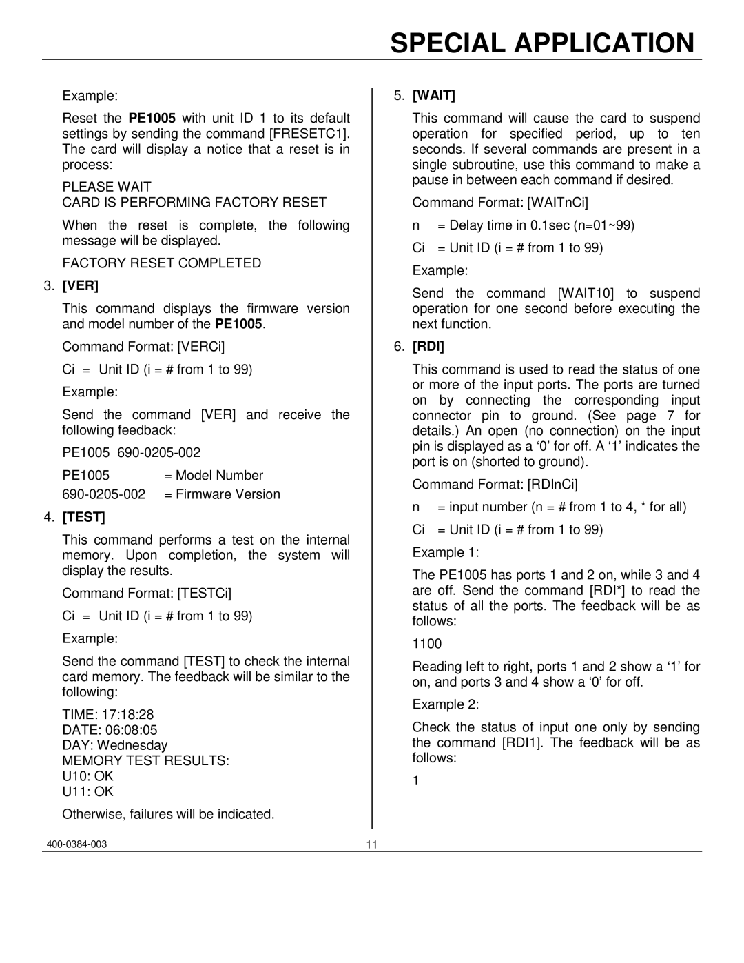 Altinex PE1005 manual Ver, Test, Wait, Rdi 