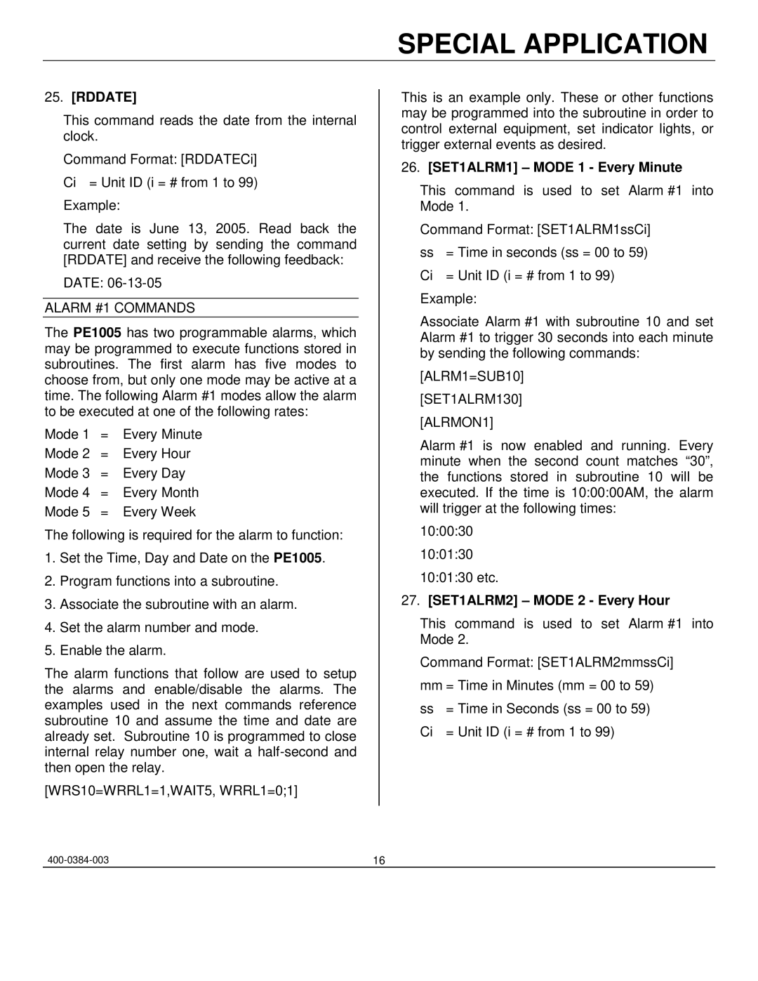 Altinex PE1005 manual Rddate, Alarm #1 Commands, SET1ALRM1 Mode 1 Every Minute, ALRM1=SUB10 SET1ALRM130 ALRMON1 