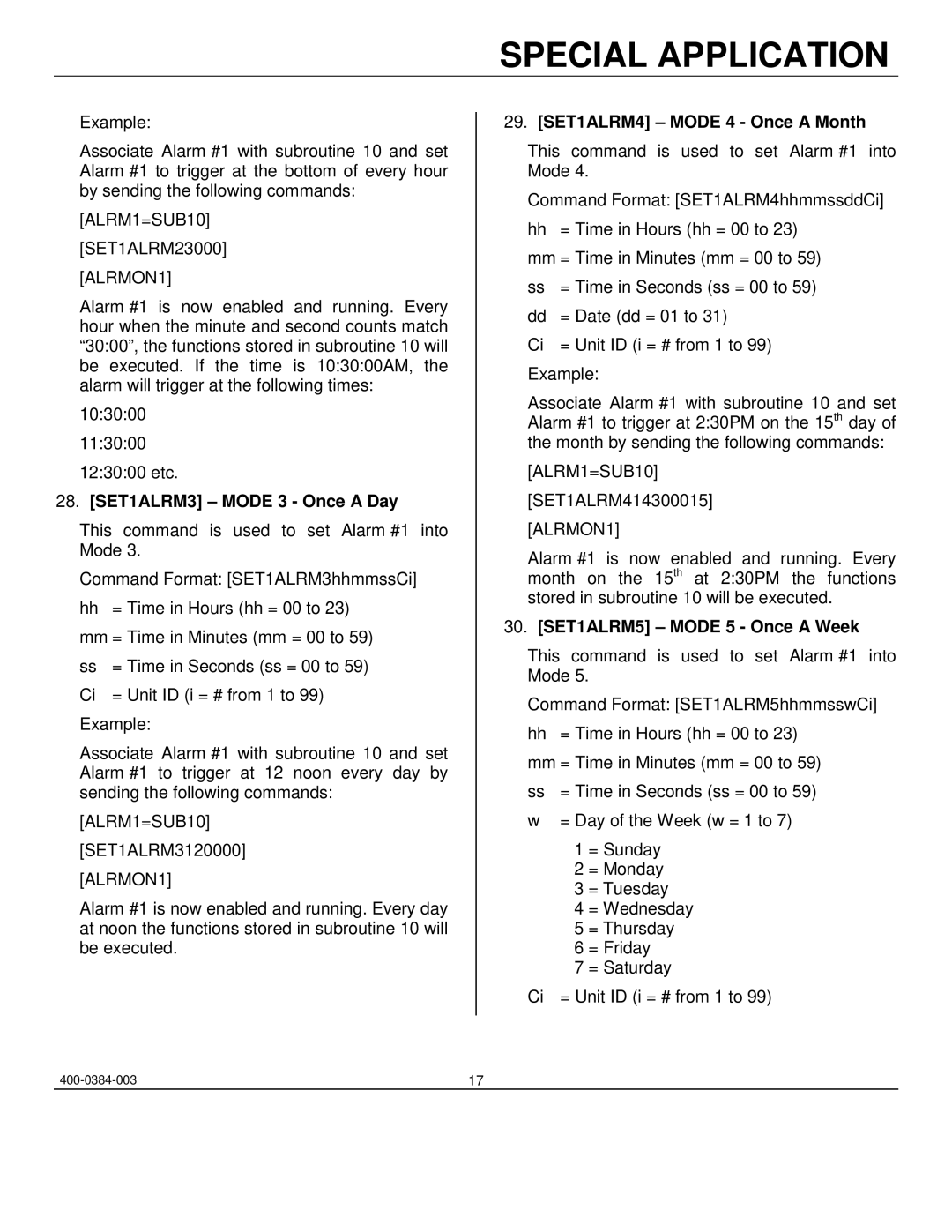 Altinex PE1005 manual ALRM1=SUB10, SET1ALRM3 Mode 3 Once a Day, SET1ALRM4 Mode 4 Once a Month, SET1ALRM5 Mode 5 Once a Week 