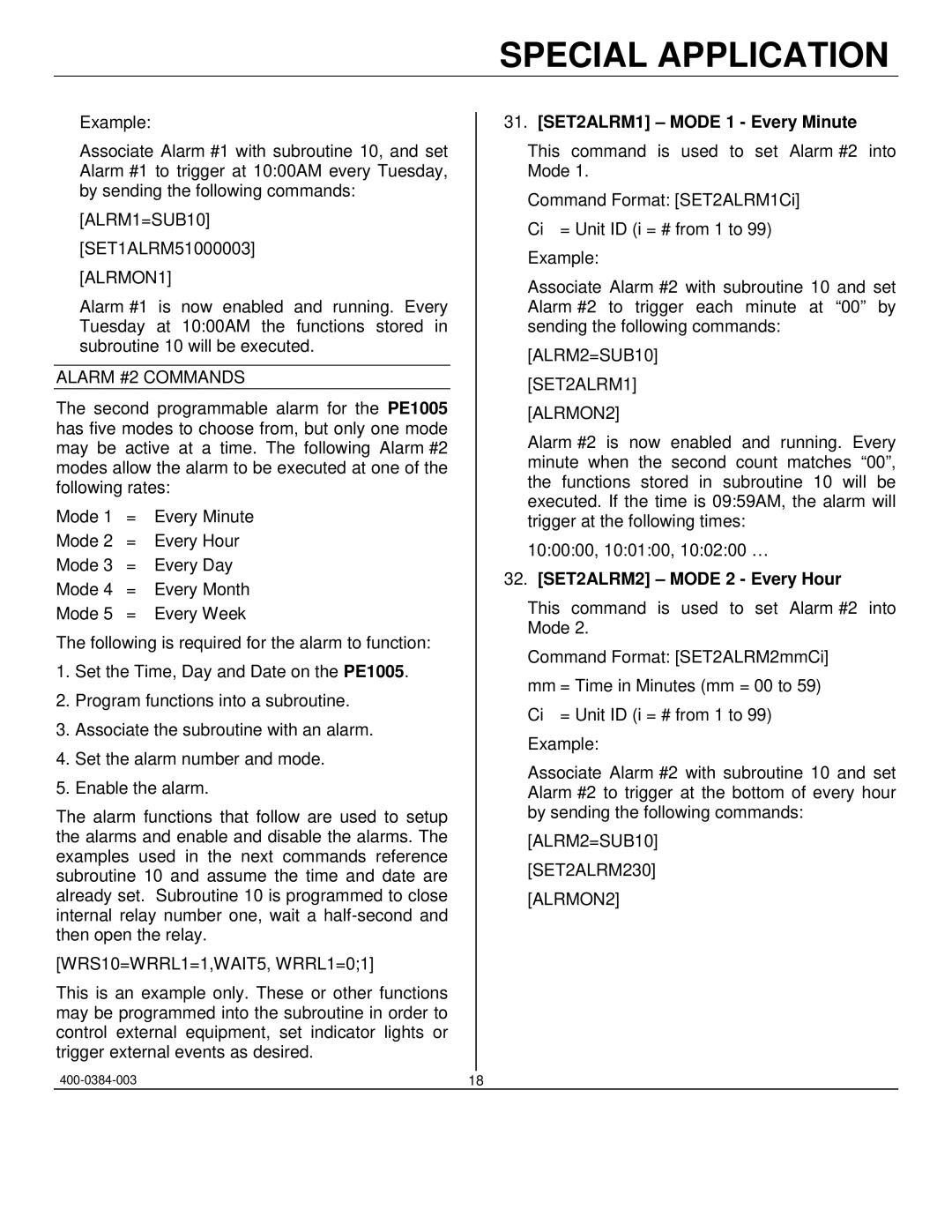 Altinex PE1005 manual Alarm #2 Commands, SET2ALRM1 Mode 1 Every Minute, ALRM2=SUB10 SET2ALRM1 ALRMON2 