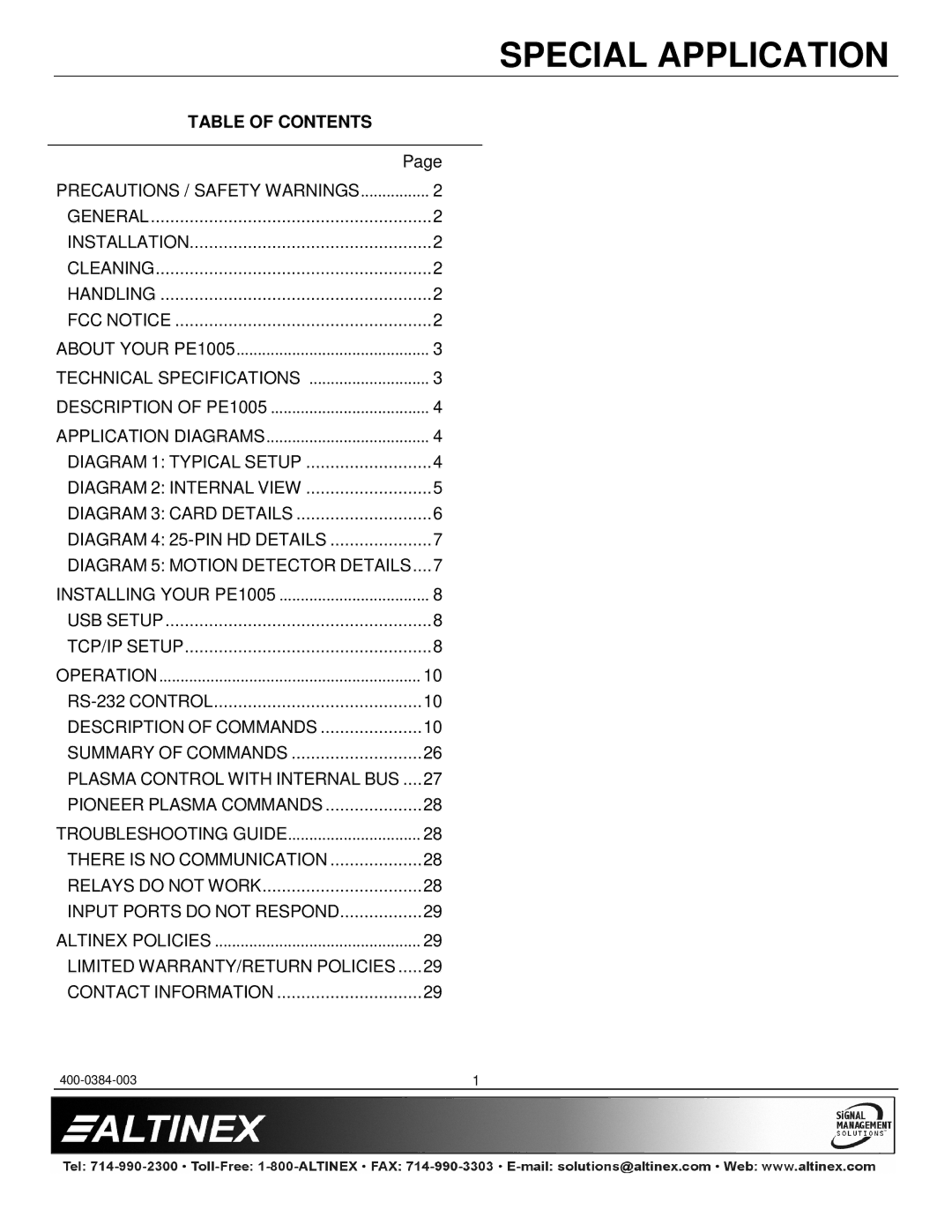 Altinex PE1005 manual Table of Contents 