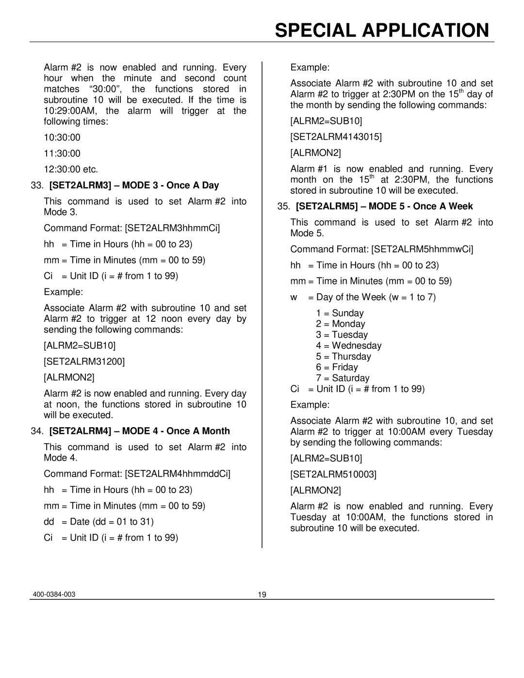 Altinex PE1005 manual SET2ALRM3 Mode 3 Once a Day, ALRM2=SUB10, SET2ALRM4 Mode 4 Once a Month, SET2ALRM5 Mode 5 Once a Week 