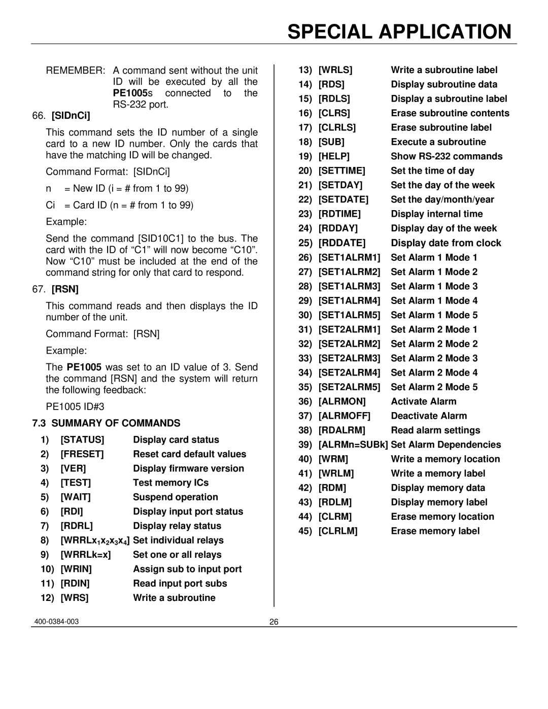 Altinex PE1005 manual SIDnCi, Rsn, Summary of Commands, Rddate Display date from clock 