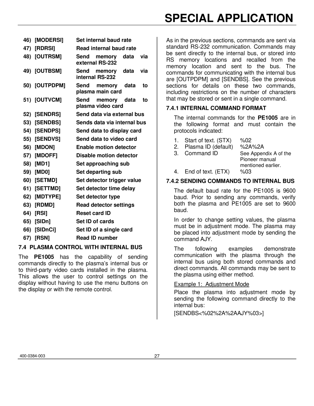 Altinex PE1005 manual Plasma Control with Internal BUS, Internal Command Format, Sending Commands to Internal BUS 