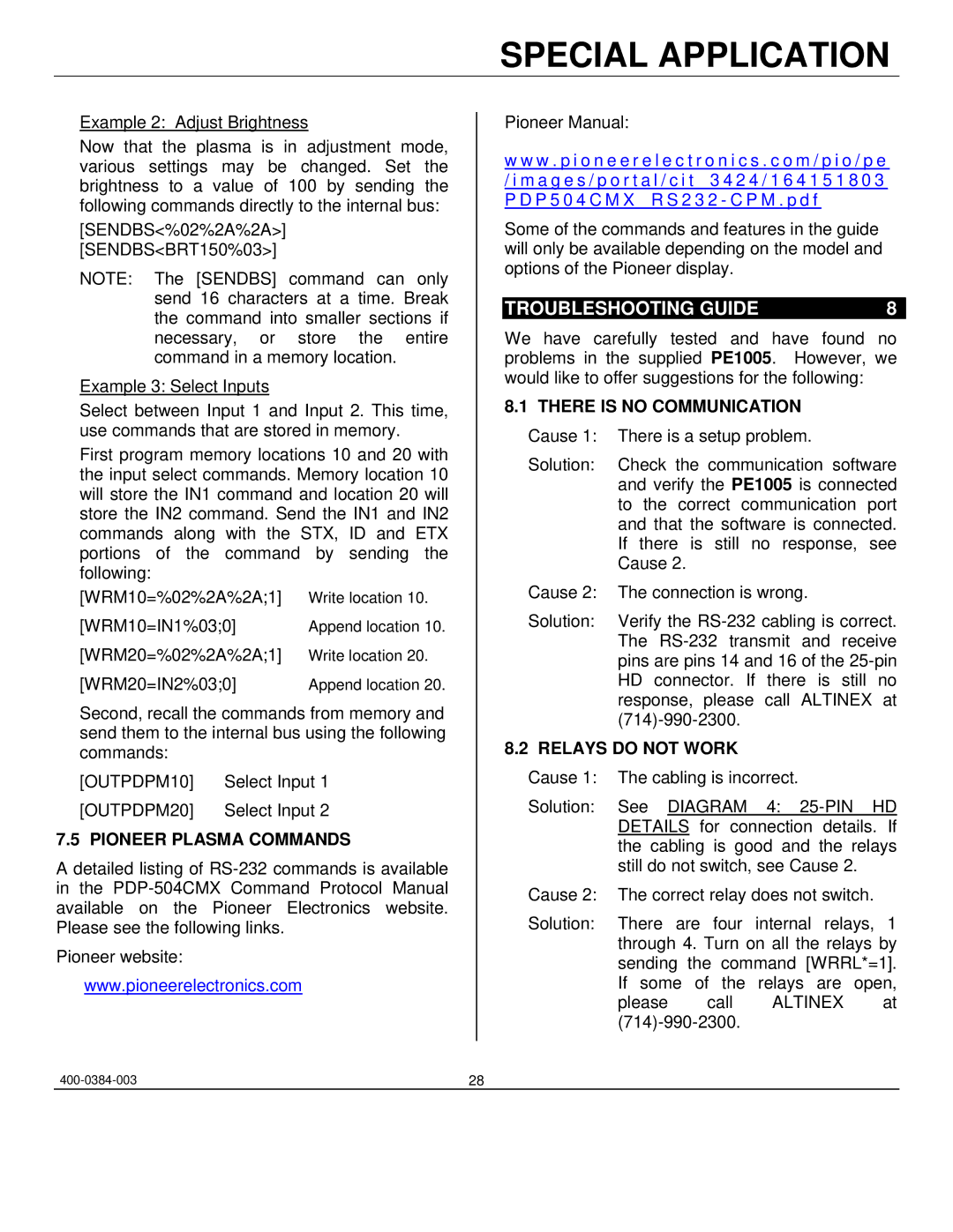 Altinex PE1005 manual Troubleshooting Guide, Pioneer Plasma Commands, There is no Communication, Relays do not Work 