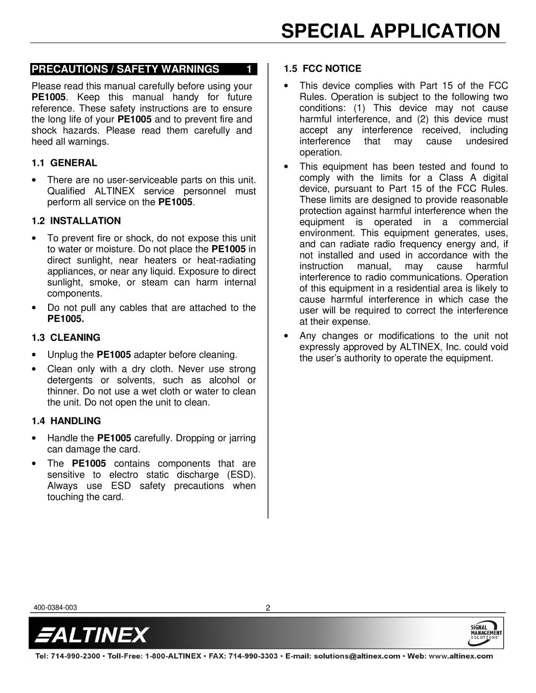 Altinex PE1005 manual Precautions / Safety Warnings 